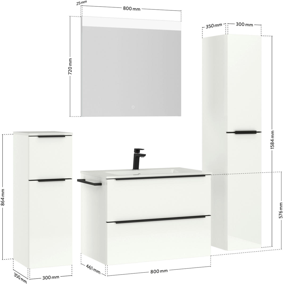 BADEZIMMER 3-teilig  in 81 cm  - Weiß Hochglanz/Schwarz, MODERN, Holzwerkstoff/Stein (81cm) - Nobilia
