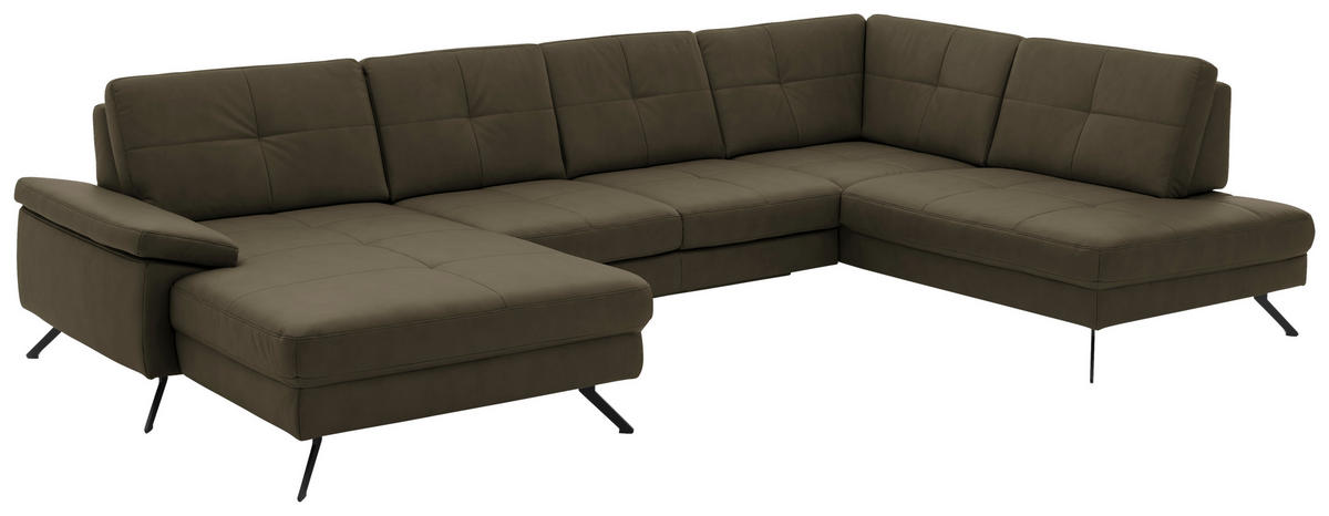 WOHNLANDSCHAFT in Lederlook, Mikrofaser Olivgrün  - Schwarz/Olivgrün, Design, Textil/Metall (345/220cm) - Beldomo System