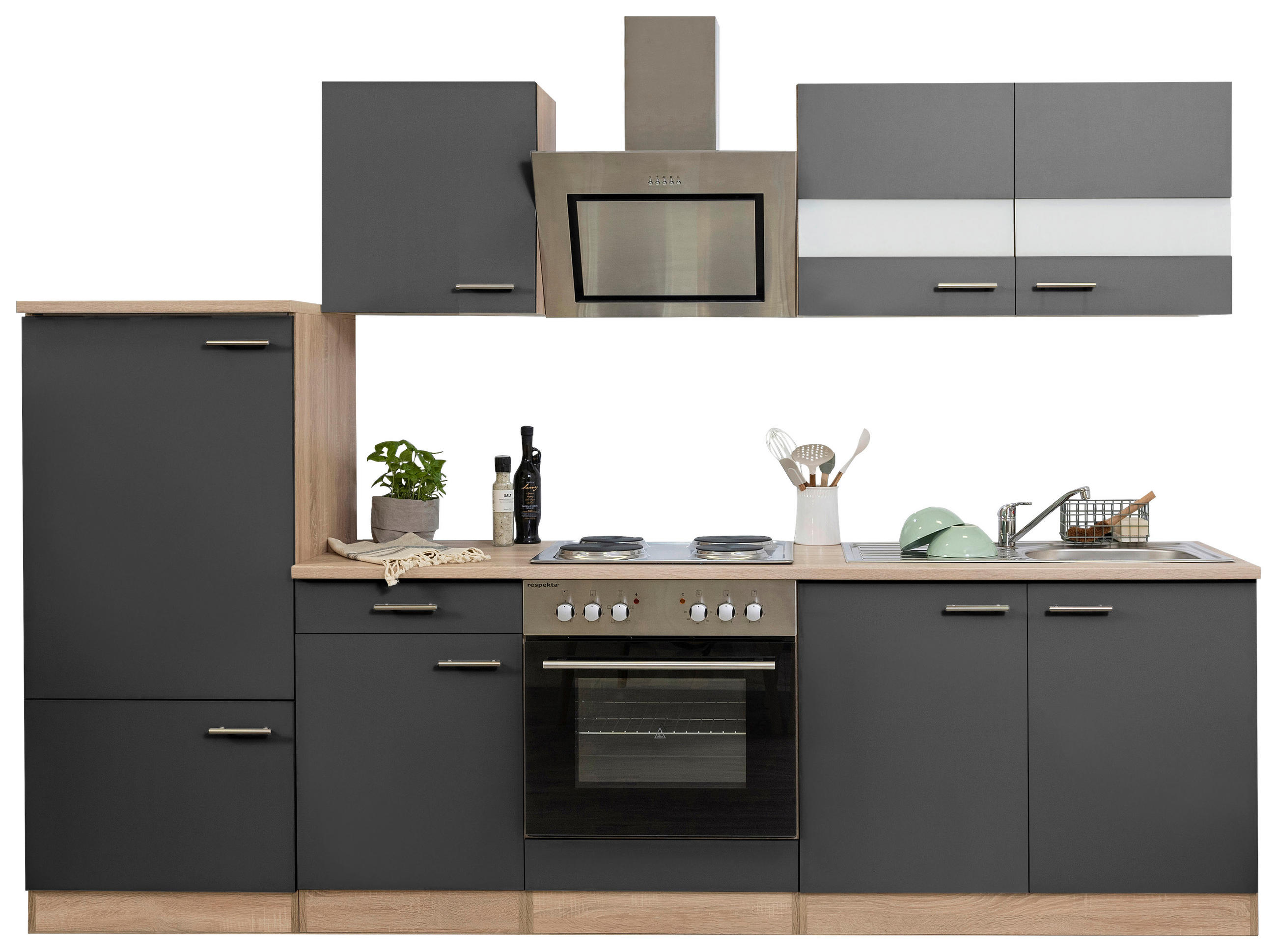KÜCHENBLOCK 270 cm   in Grau  - Edelstahlfarben/Eichefarben, Basics, Holzwerkstoff/Metall (270cm) - Respekta