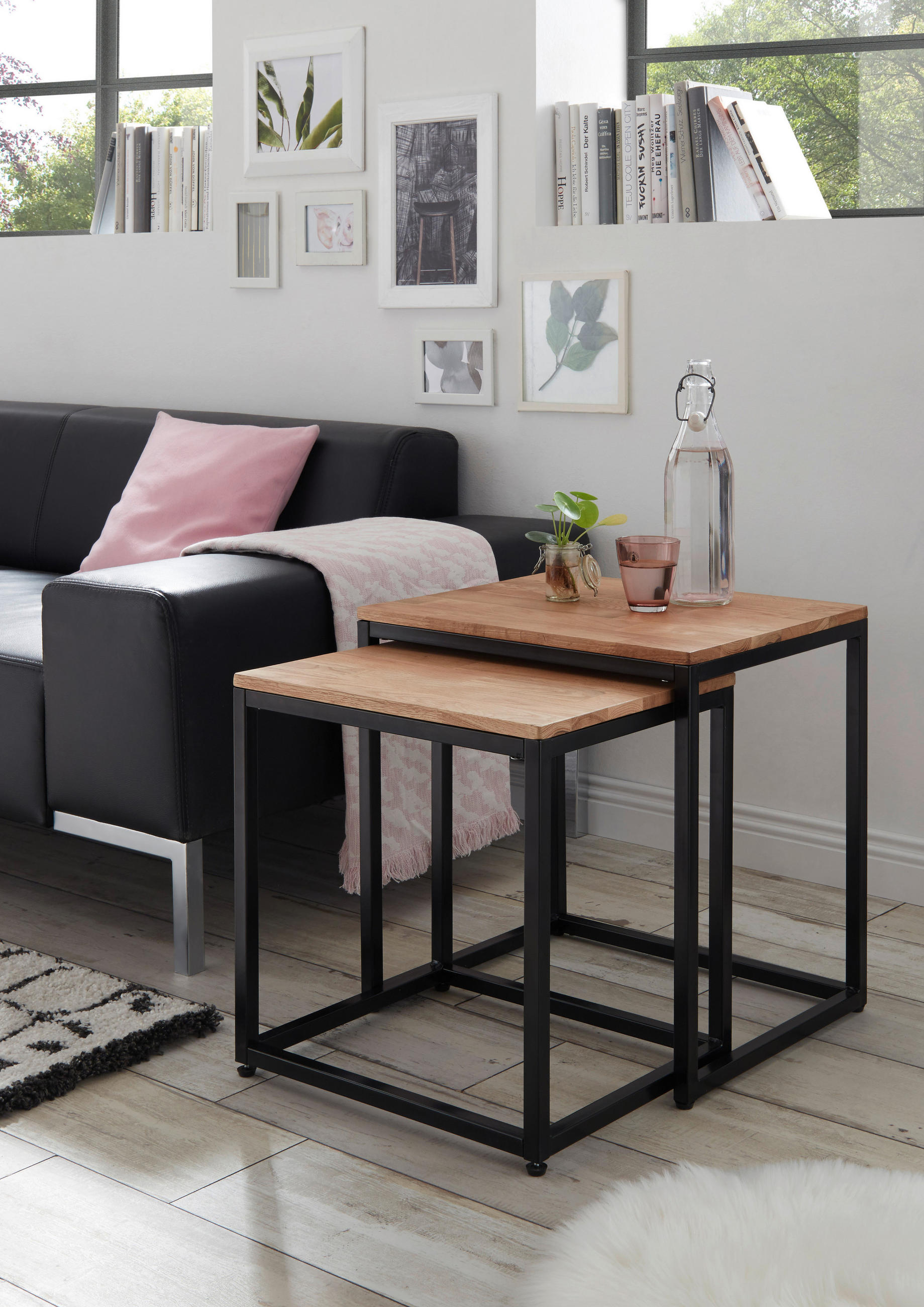 COUCHTISCHSET Eiche massiv quadratisch Naturfarben, Schwarz, Eichefarben  - Eichefarben/Schwarz, MODERN, Holz/Metall (45-50/45-50/37-40cm) - Xora