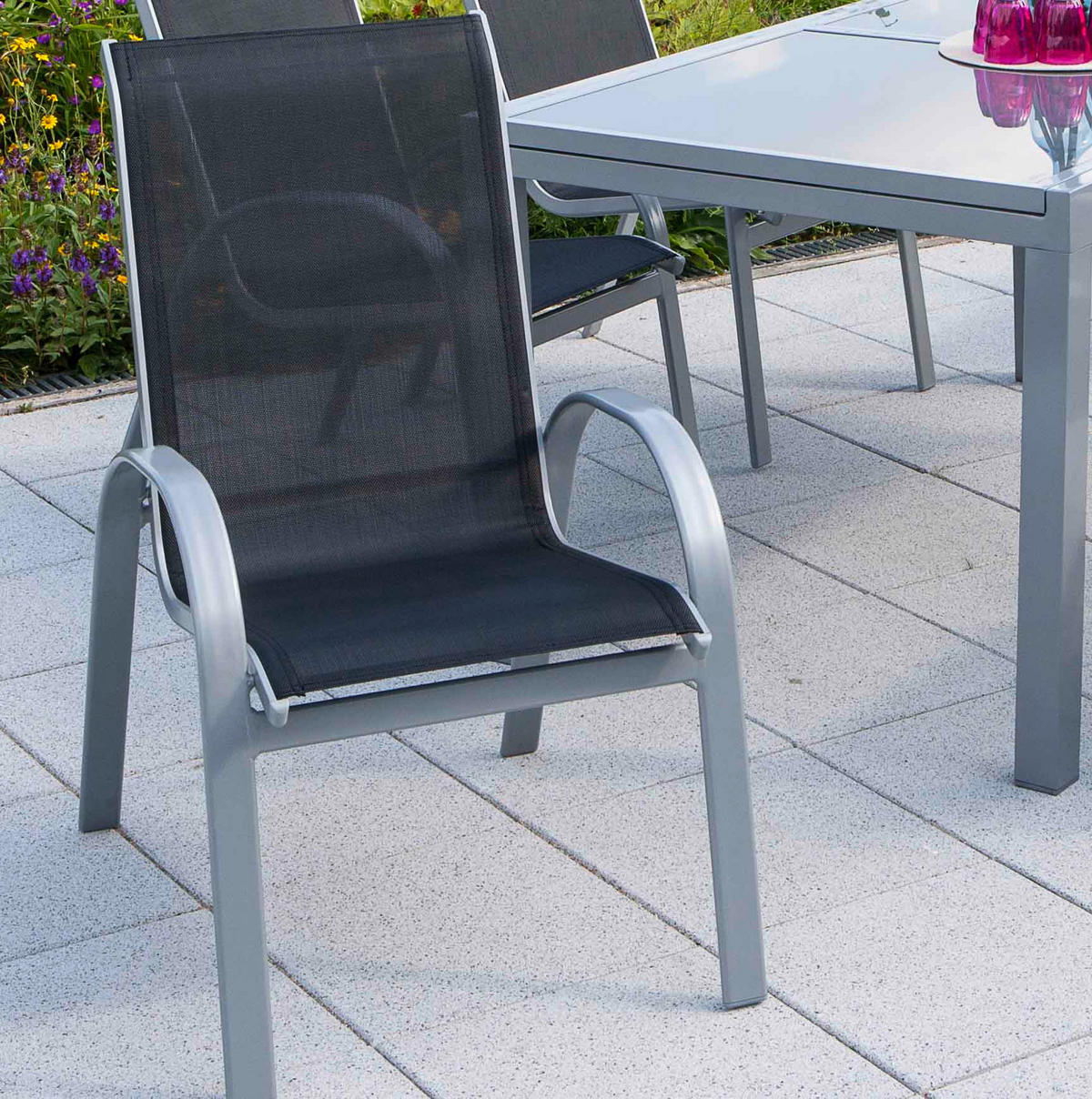 GARTENTISCHGRUPPE  - Silberfarben/Schwarz, ROMANTIK / LANDHAUS, Glas/Textil - Gardenson
