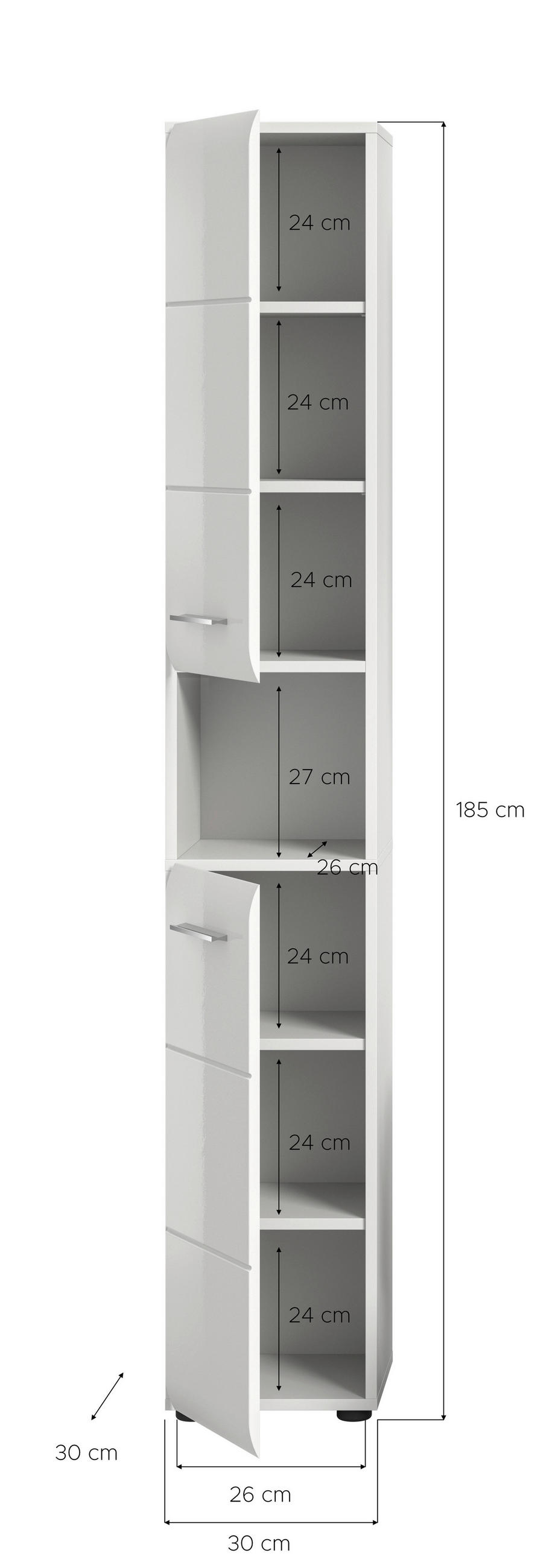 HOCHSCHRANK 30/185/30 cm  - Weiß Hochglanz/Silberfarben, MODERN, Holzwerkstoff/Kunststoff (30/185/30cm) - MID.YOU