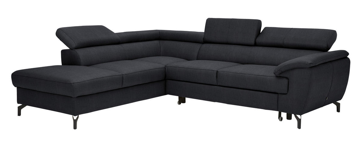 ECKSOFA in Echtleder Schwarz  - Schwarz, Design, Leder/Metall (220/256cm) - Celina Home