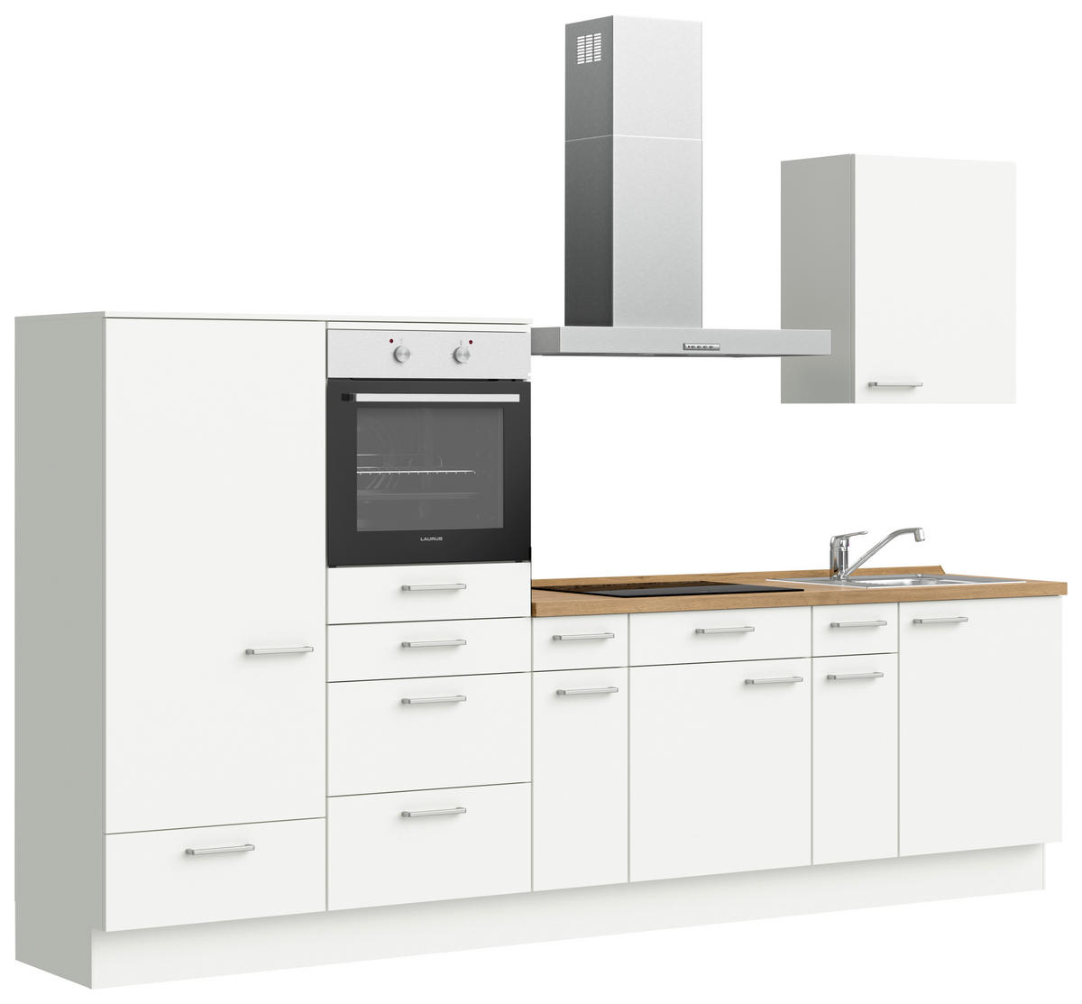 KÜCHENBLOCK Touch 300 cm  in Eichefarben, Weiß  - Edelstahlfarben/Eichefarben, MODERN, Holzwerkstoff/Metall (300cm) - Nobilia