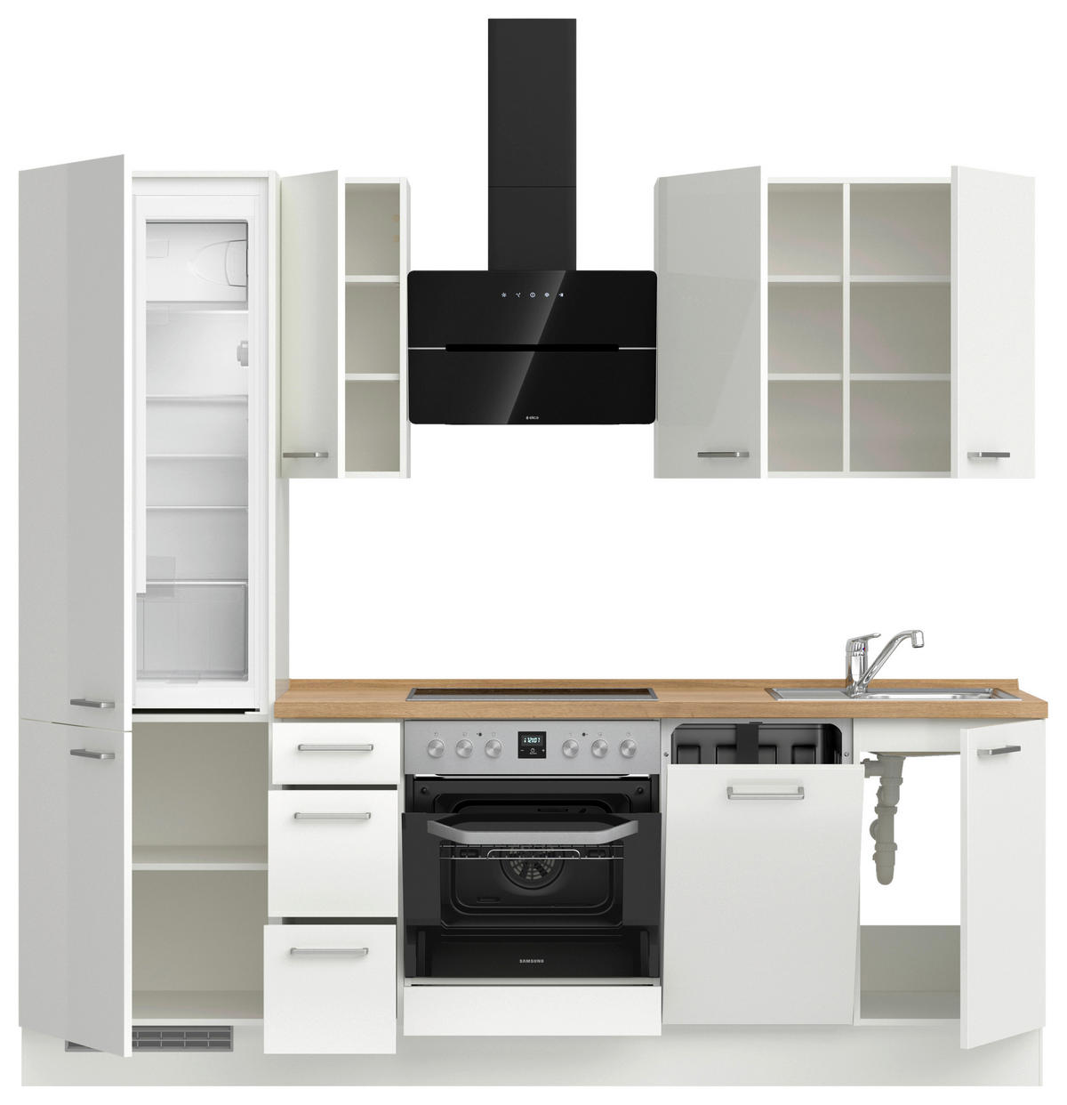 KÜCHENLEERBLOCK 240 cm   in Eichefarben, Weiß Hochglanz  - Edelstahlfarben/Eichefarben, MODERN, Holzwerkstoff/Metall (240cm) - Nobilia