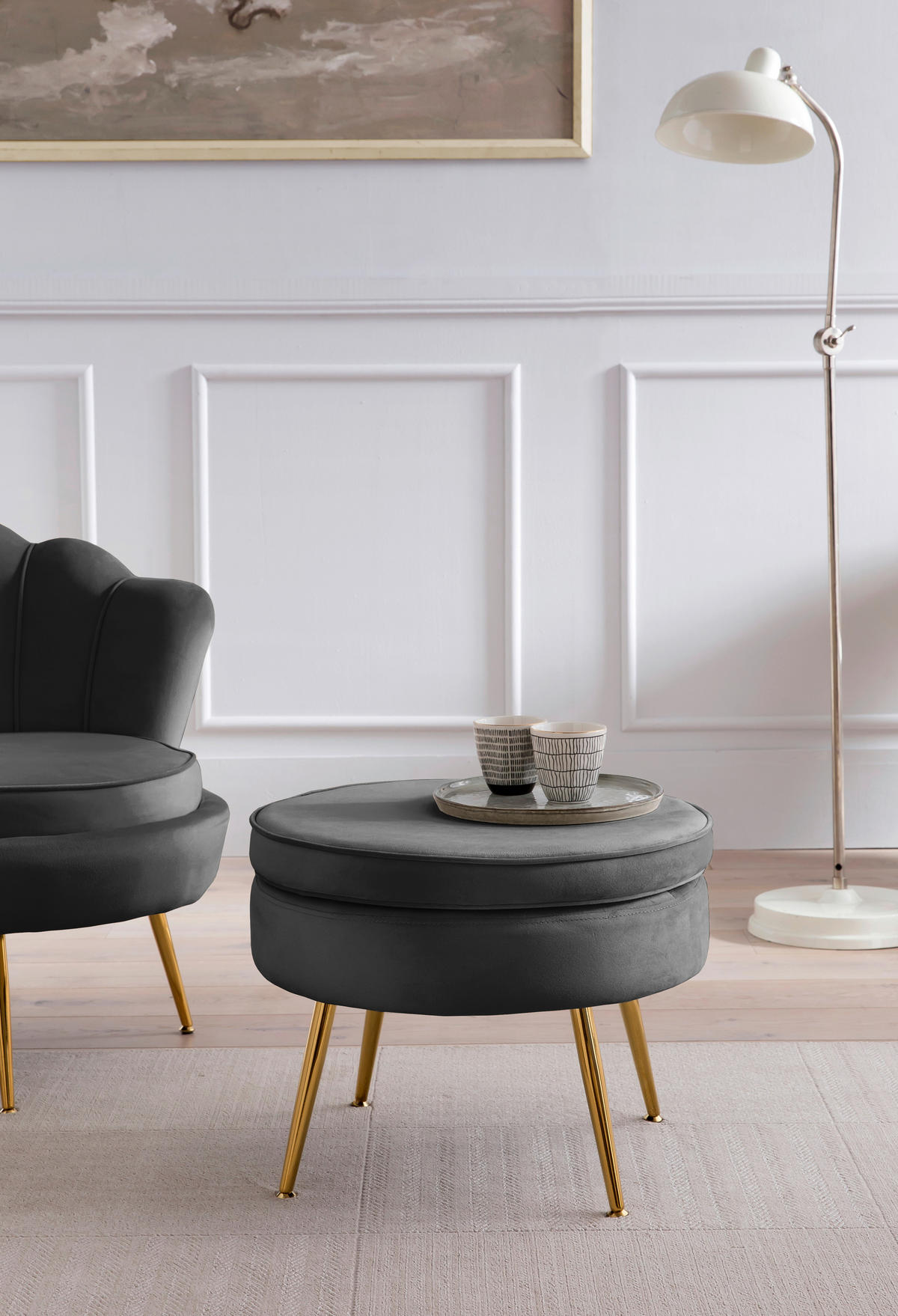 HOCKER Samt Schwarz  - Goldfarben/Schwarz, MODERN, Textil/Metall (52/41/52cm) - Livetastic