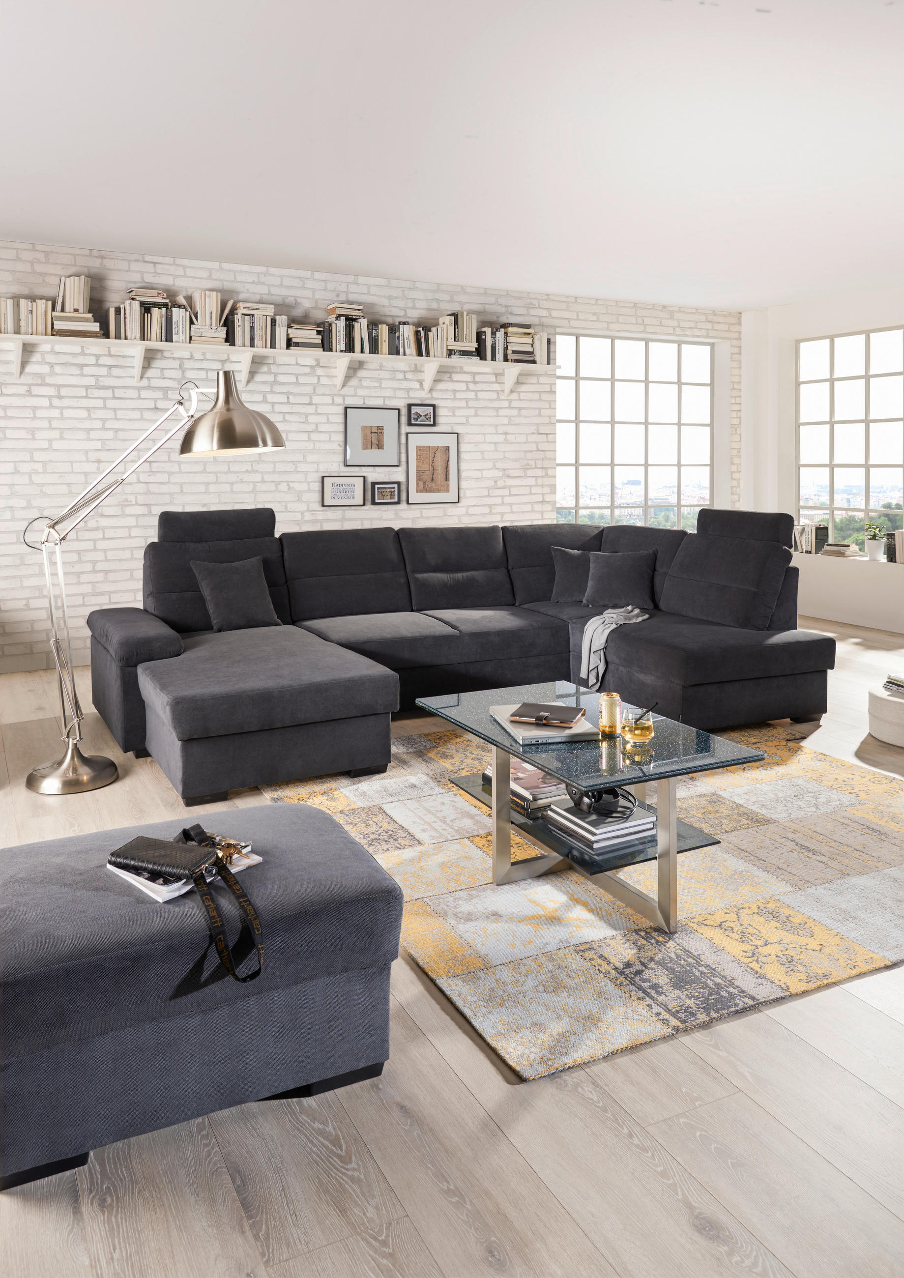 ECKSOFA Anthrazit Webstoff  - Anthrazit/Dunkelbraun, Design, Kunststoff/Textil (166/319/183cm) - Livetastic