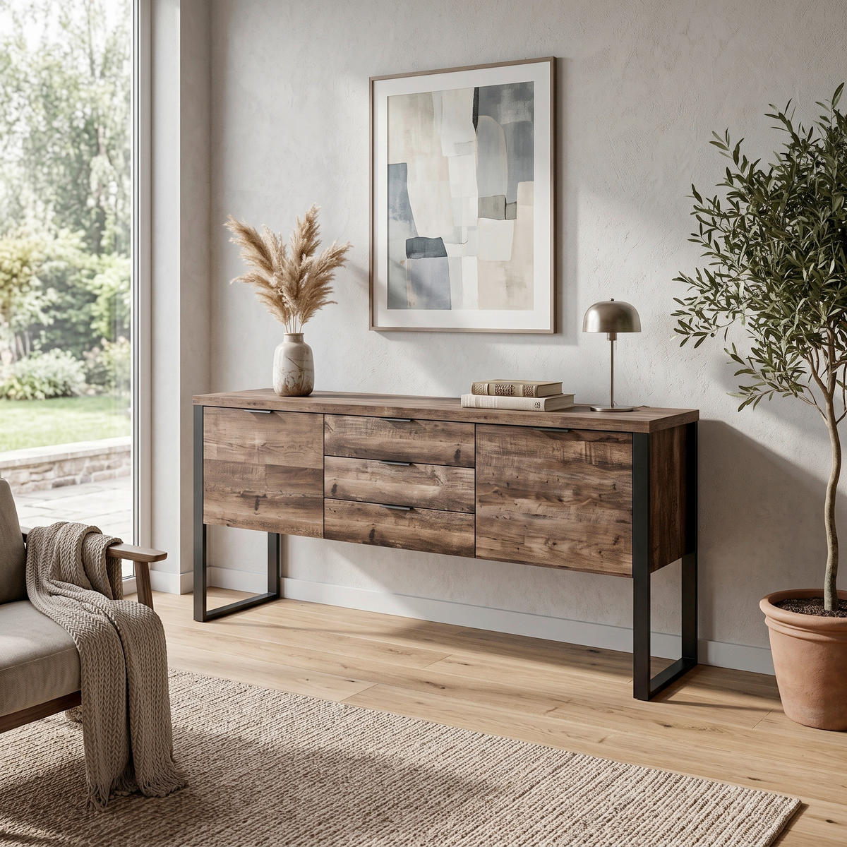 SIDEBOARD  180/76,2/39,5 cm 3 Schublade(n)  - Eichefarben/Anthrazit, Design, Holzwerkstoff/Metall (180/76,2/39,5cm)