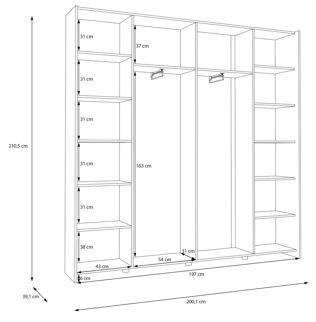 VEČNAMENSKA OMARA, bela - bela/barve aluminija, Basics, kovina/leseni material (200,1/210/39,1cm) - Carryhome