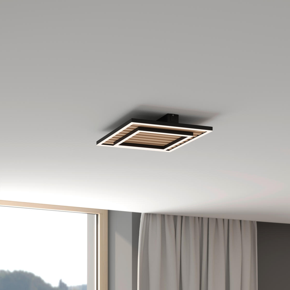 STROPNÍ LED SVÍTIDLO, 40/40/6 cm - černá, Design, kov/dřevo (40/40/6cm) - Novel