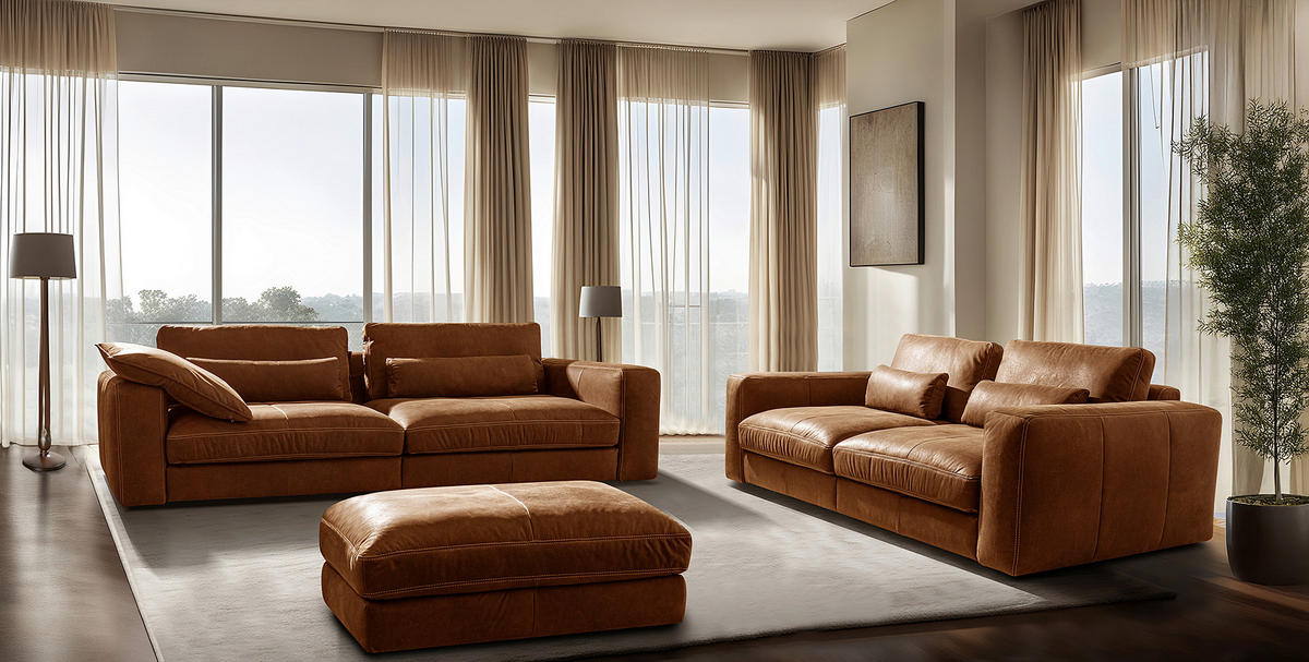 3-SITZER-SOFA  in Echtleder Cognac   - Cognac/Beige, Design, Leder/Kunststoff (300/85/123cm) - Livetastic