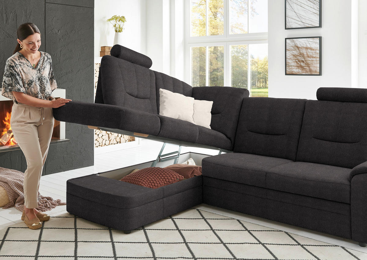 ECKSOFA Chenille Graubraun  - Graubraun/Schwarz, Konventionell, Kunststoff/Textil (185/235cm) - Beldomo Comfort