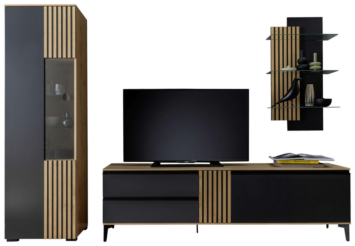 WOHNWAND  in Anthrazit, Wildeiche  277/200/45 cm  - Wildeiche/Anthrazit, Design, Glas/Holz (277/200/45cm) - Moderano