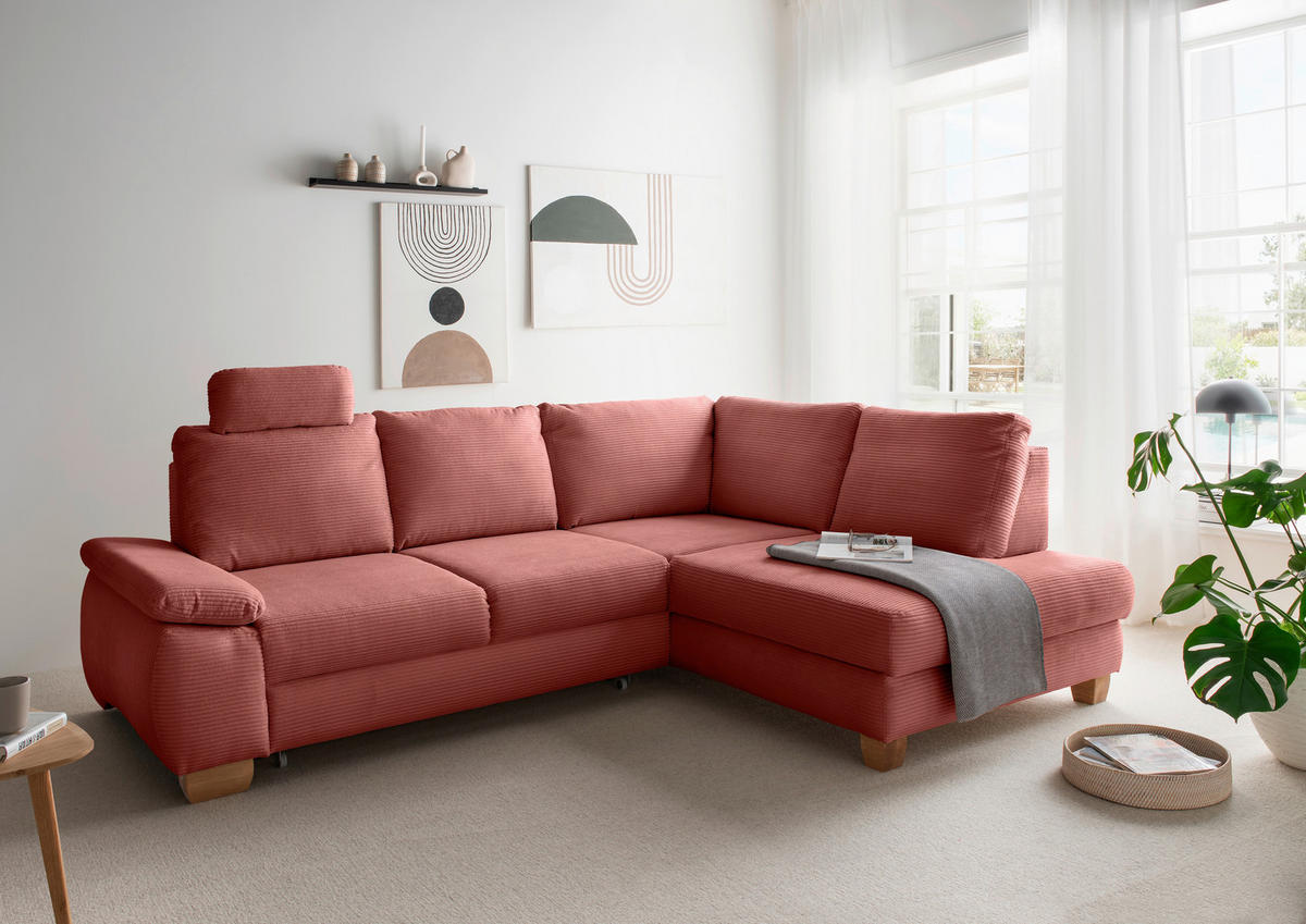 ECKSCHLAFSOFA in Cord Koralle  - Wildeiche/Koralle, Modern, Holz/Textil (261/206cm) - Livetastic