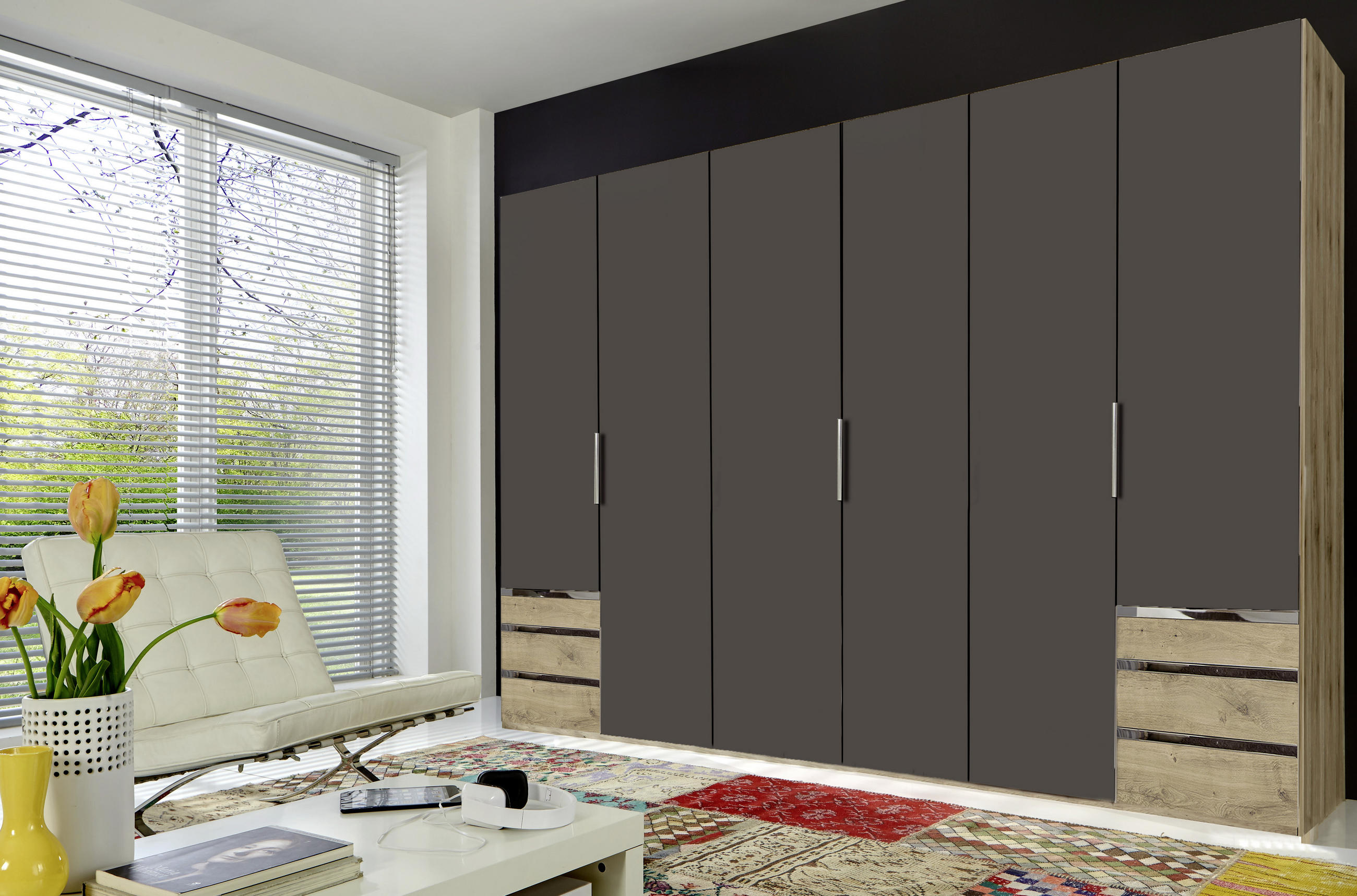 DREHTÜRENSCHRANK in Graphitfarben, Eichefarben  - Chromfarben/Eichefarben, Modern, Holzwerkstoff/Metall (300/216/58cm) - MID.YOU