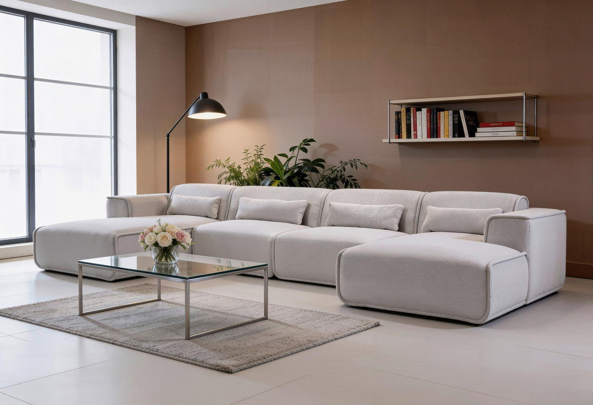 WOHNLANDSCHAFT Flachgewebe Naturfarben  - Schwarz/Naturfarben, Design, Kunststoff/Textil (165/386/165cm) - Lomoco