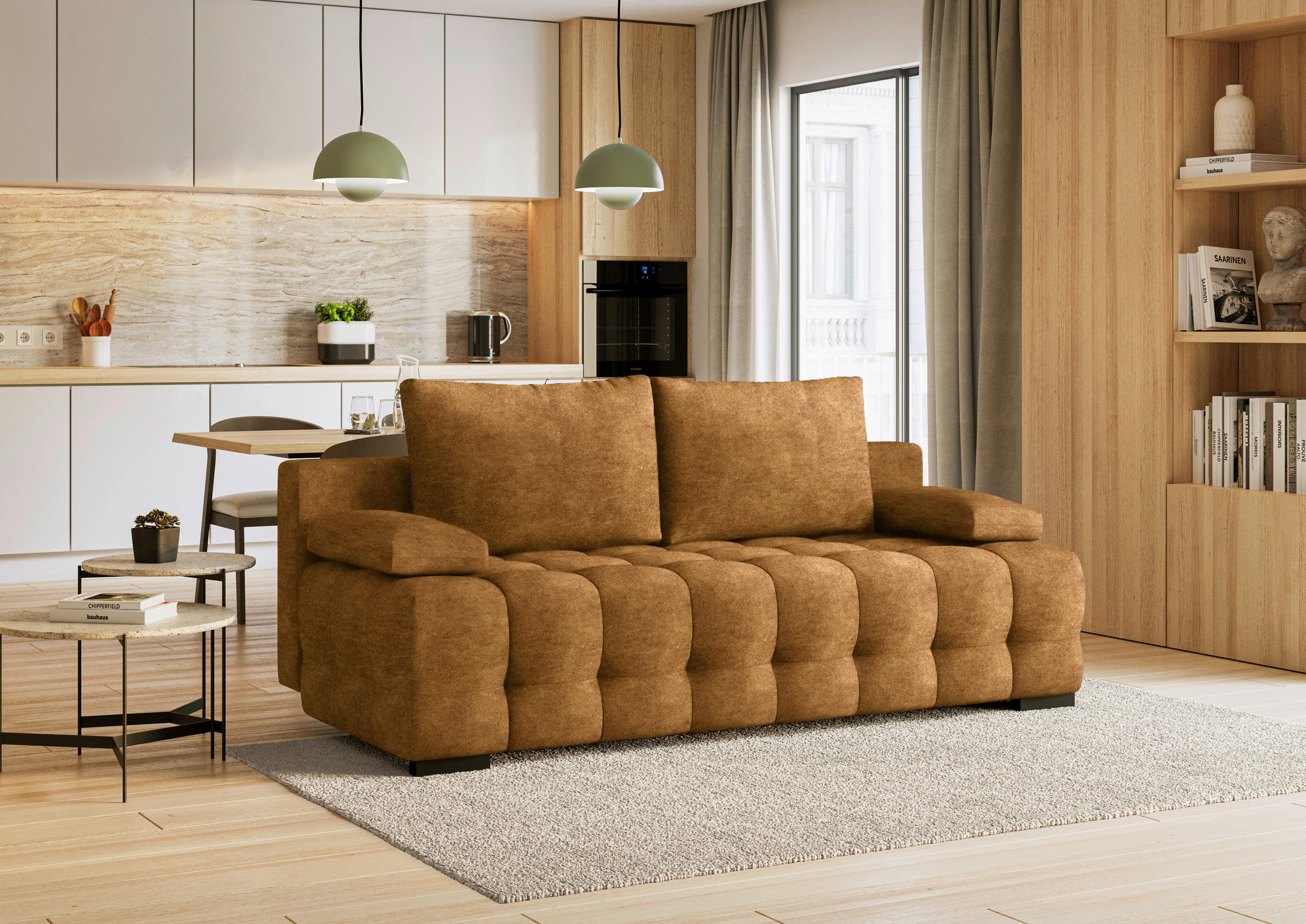 SCHLAFSOFA in Velours Goldfarben  - Goldfarben/Schwarz, KONVENTIONELL, Kunststoff/Textil (209/96/100cm) - Stylife