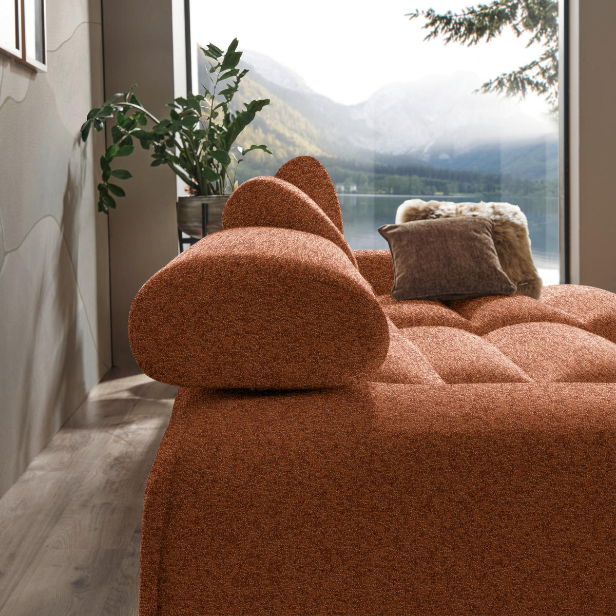 ECKSOFA in Velours Terracotta  - Buchefarben/Terracotta, Design, Holz/Textil (329/150cm) - Lomoco