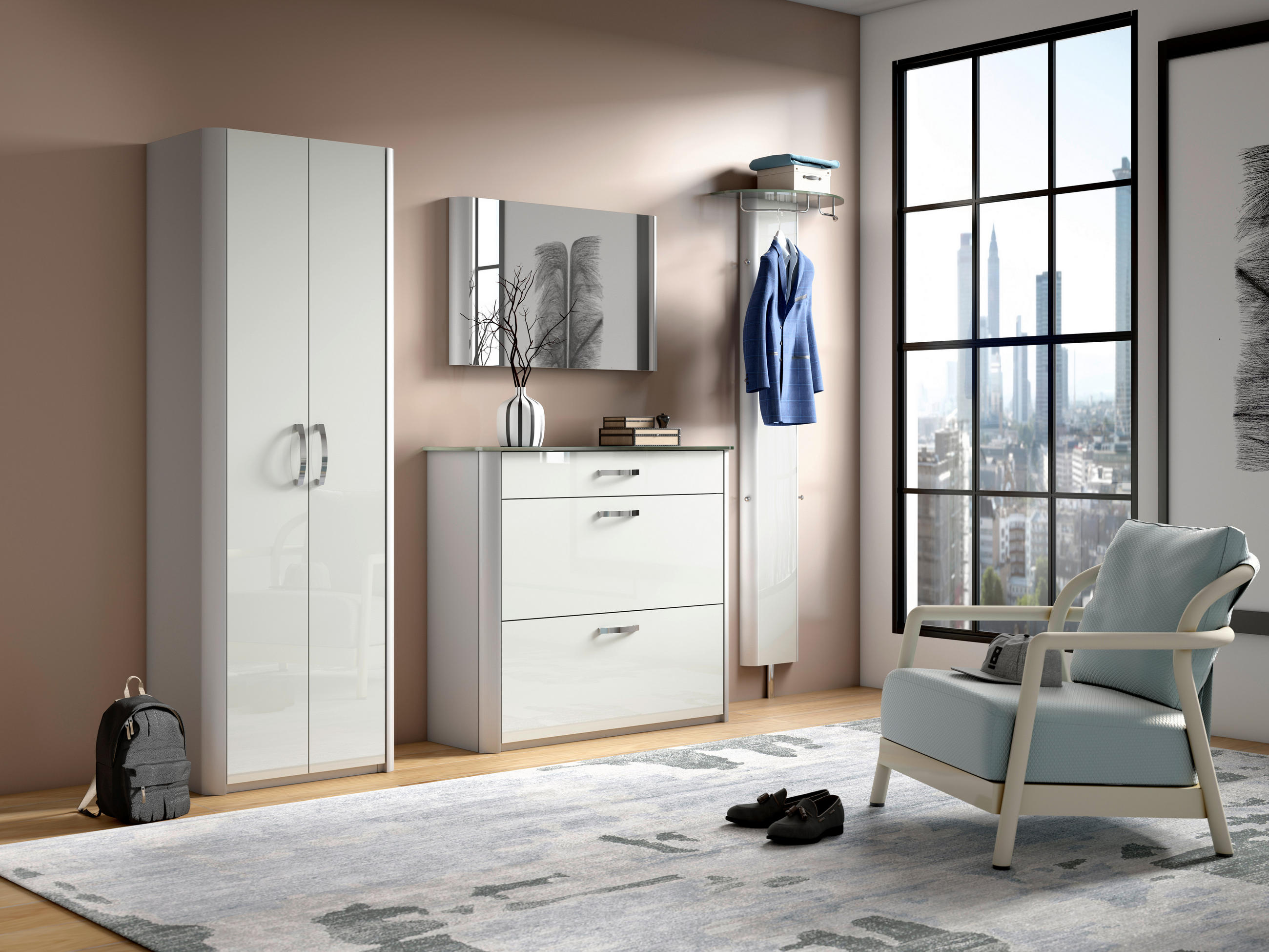 GARDEROBE 4-teilig  in 270/192/34 cm  - Weiß Hochglanz/Alufarben, Design, Glas/Holzwerkstoff (270/192/34cm) - Moderano