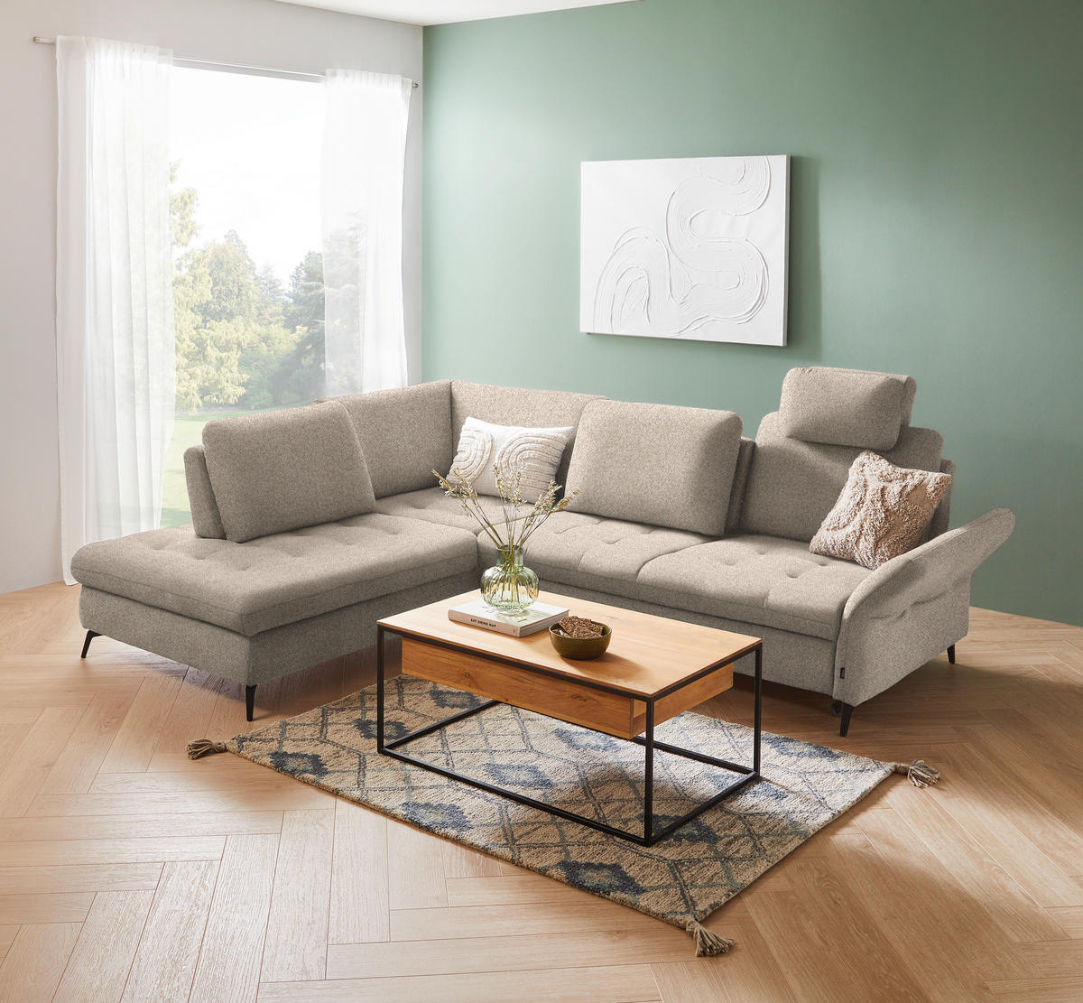 ECKSOFA in Bouclé Beige  - Beige/Schwarz, Natur, Textil/Metall (233/288cm) - Valnatura