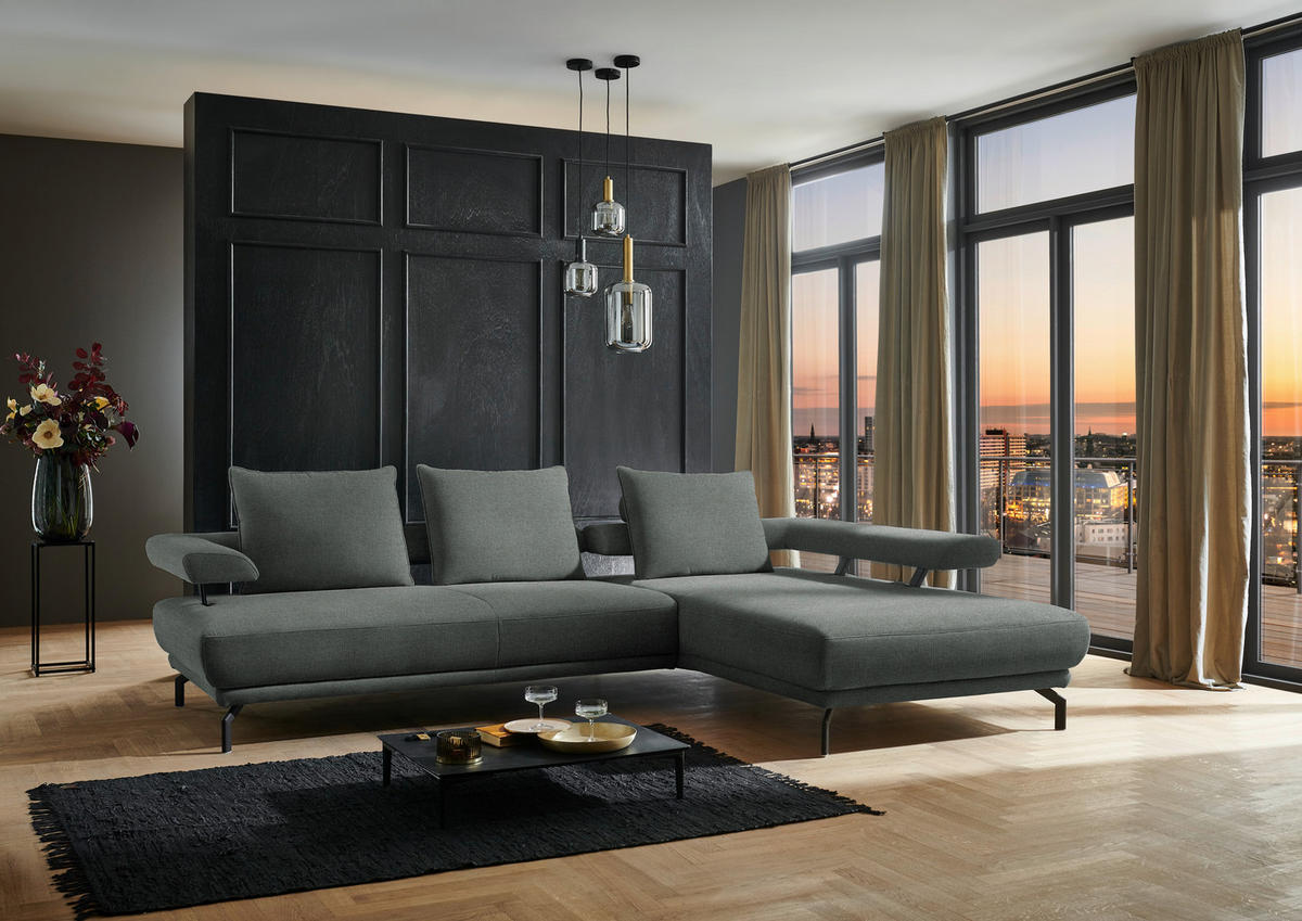 ECKSOFA in Chenille Graugrün  305/224 cm  - Schwarz/Graugrün, Design, Textil/Metall (305/224cm) - Dieter Knoll