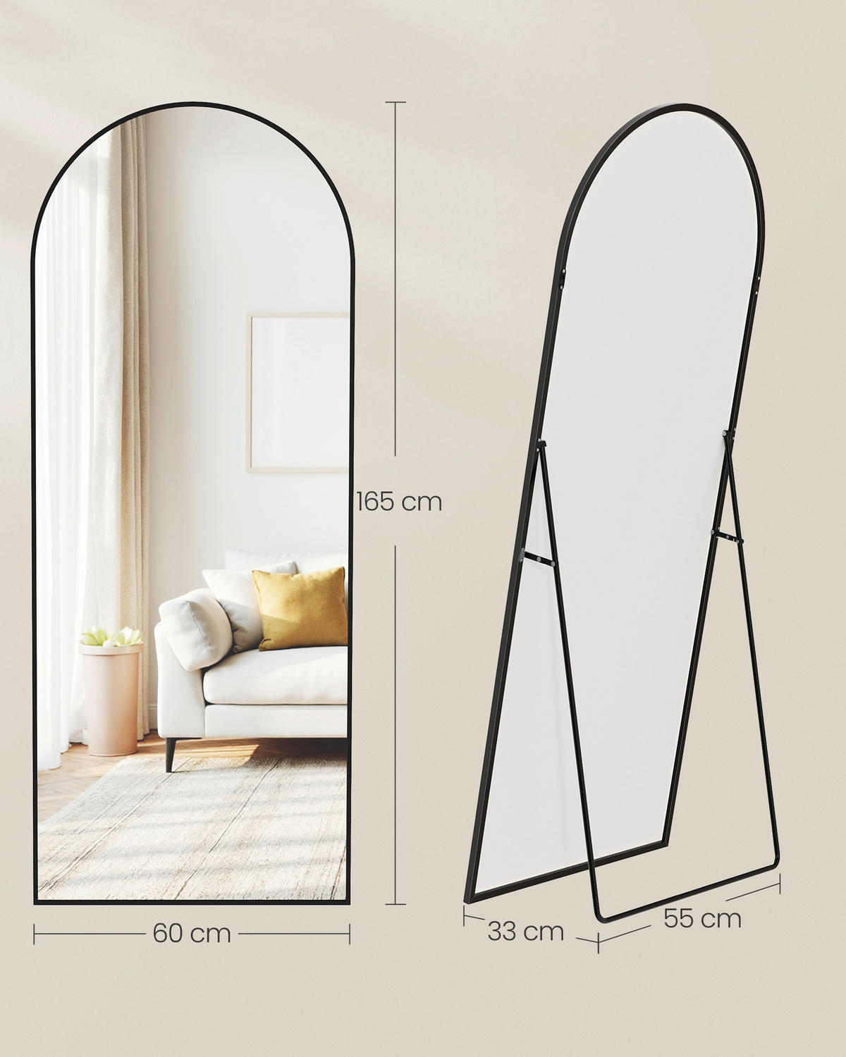 STANDSPIEGEL 60/165/33 cm  - Schwarz, Trend, Glas/Metall (60/165/33cm) - Boxxx