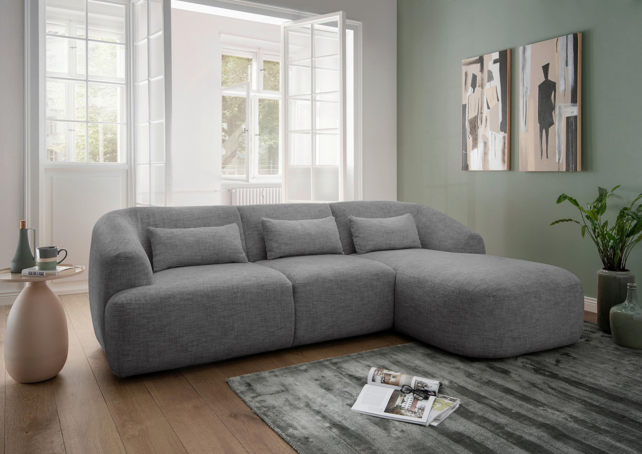 ECKSOFA in Struktur Silberfarben  - Silberfarben/Schwarz, Modern, Kunststoff/Textil (256/160cm) - Livetastic