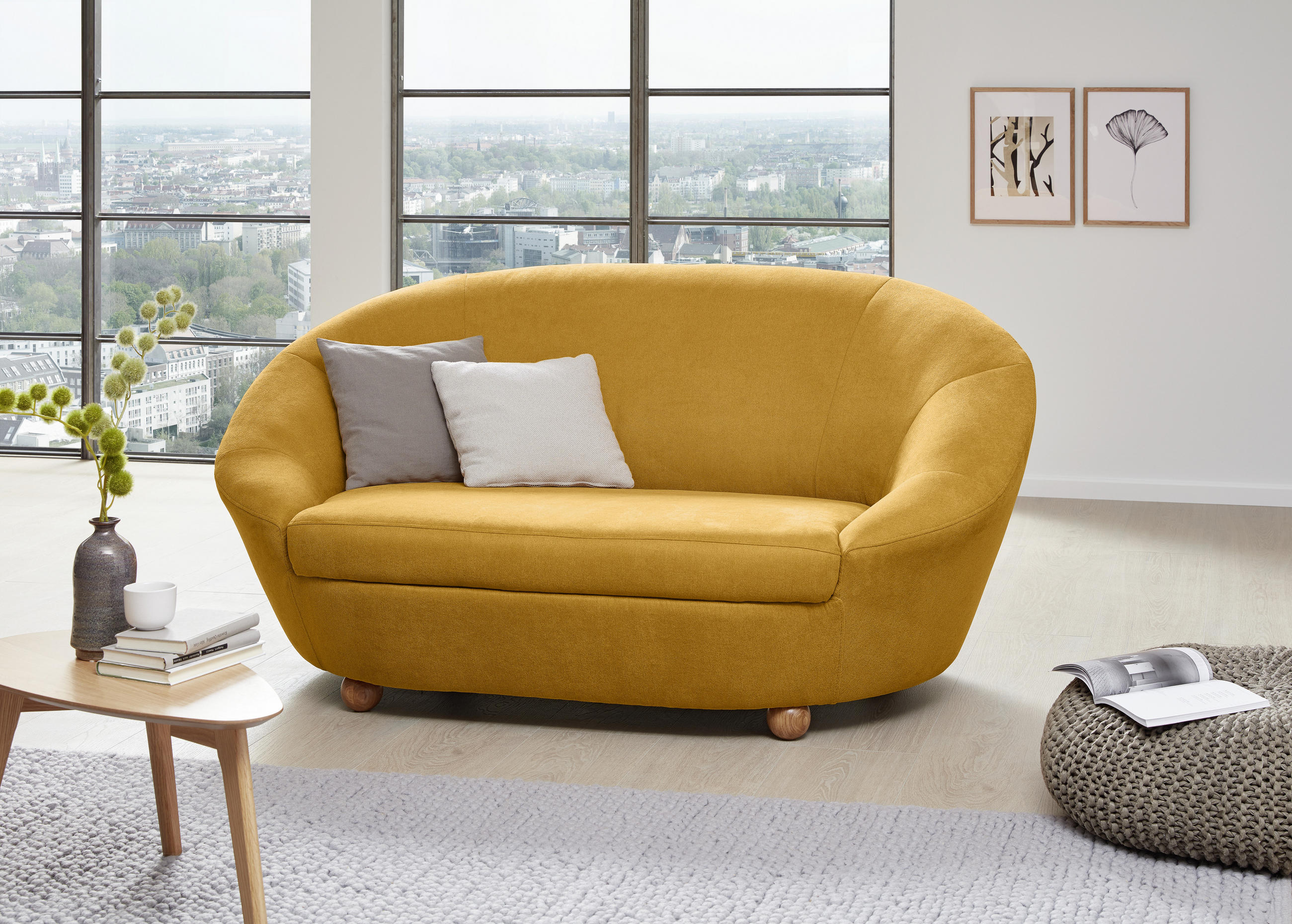 2-SITZER-SOFA Mikrofaser Gelb  - Eichefarben/Gelb, Design, Holz/Textil (178/82/114cm) - LOOKS by W.Joop