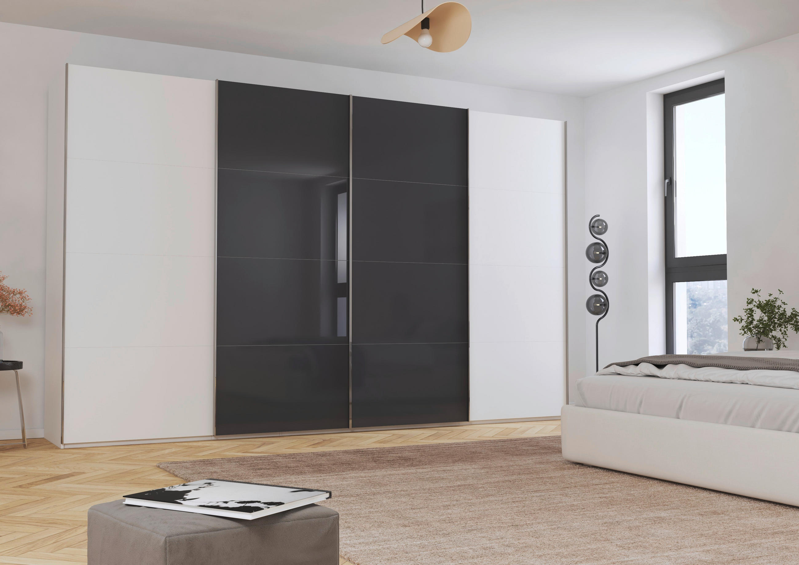 SCHWEBETÜRENSCHRANK 361/223/68 cm 4-türig Grau, Weiß  - Chromfarben/Weiß, KONVENTIONELL, Glas/Holzwerkstoff (361/223/68cm) - Novel