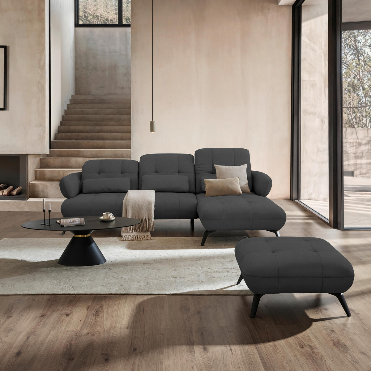 ECKSOFA Flachgewebe Anthrazit  - Anthrazit/Schwarz, Design, Textil/Metall (282/189cm) - Novel