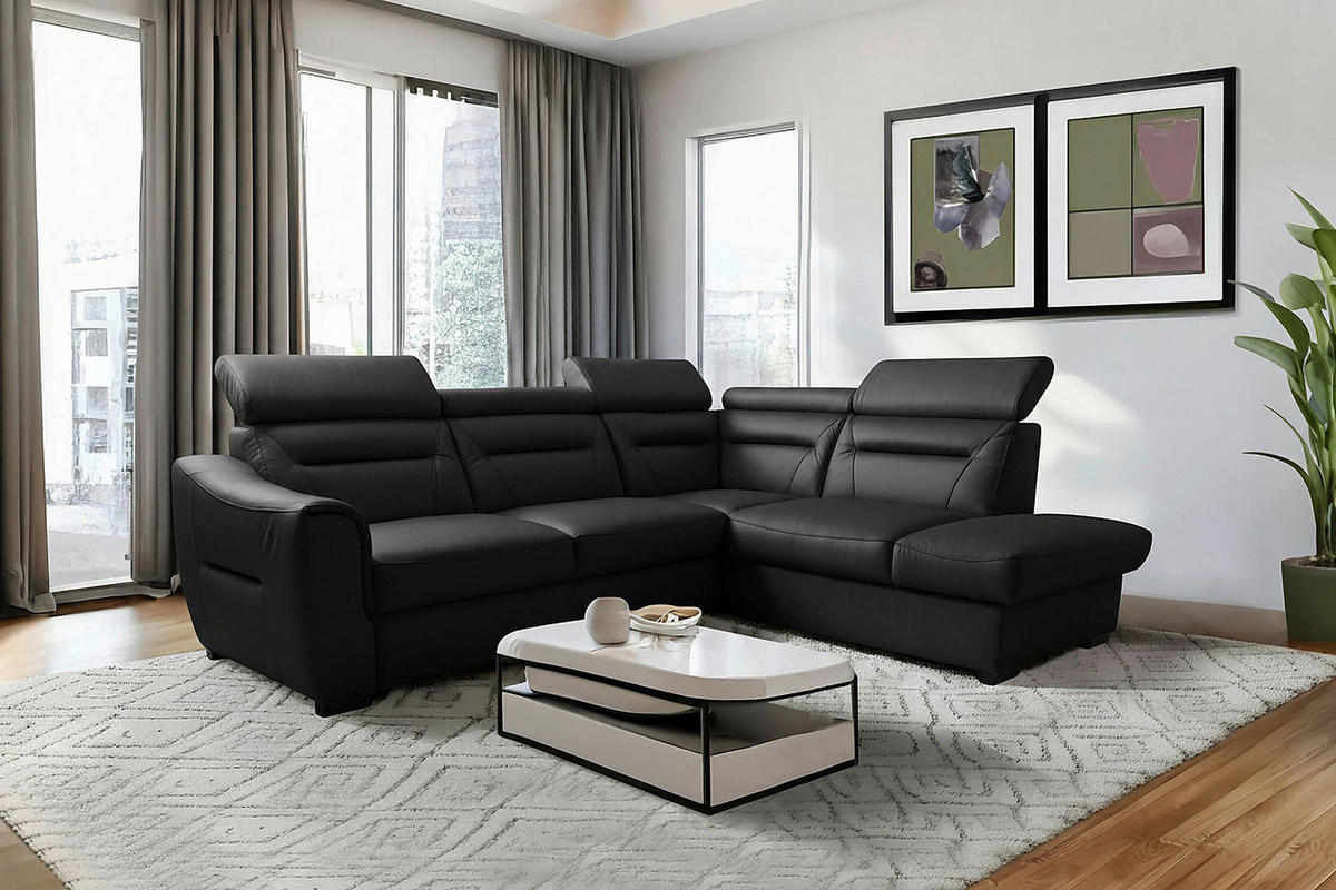 ECKSOFA Schwarz Echtleder Lederlook Bettkasten, Schlaffunktion, Rücken echt, Kopfteilverstellung  - Wengefarben/Schwarz, Design, Leder/Holz (260/212cm) - Celina Home