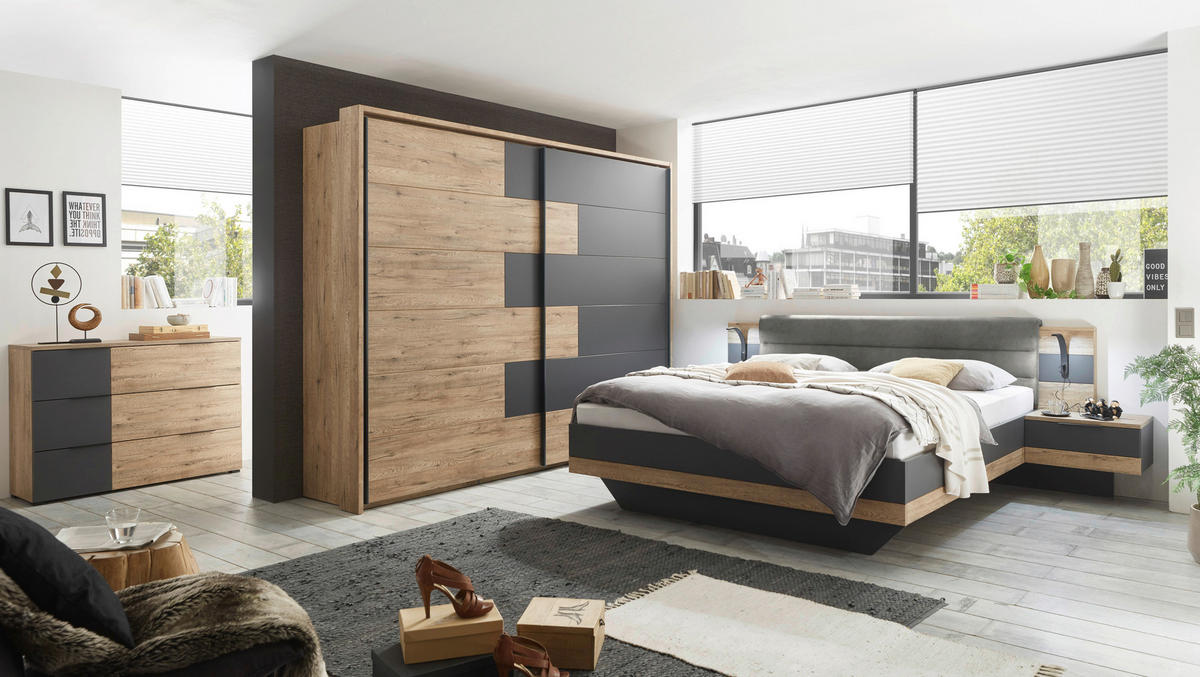 RAM KREVETA SA NOĆNIM STOČIĆEM 180/200 cm     grafitno siva, boja hrasta  - boja hrasta/grafitno siva, Moderno, tekstil/pločasti materijal (180/200cm) - Hom`in