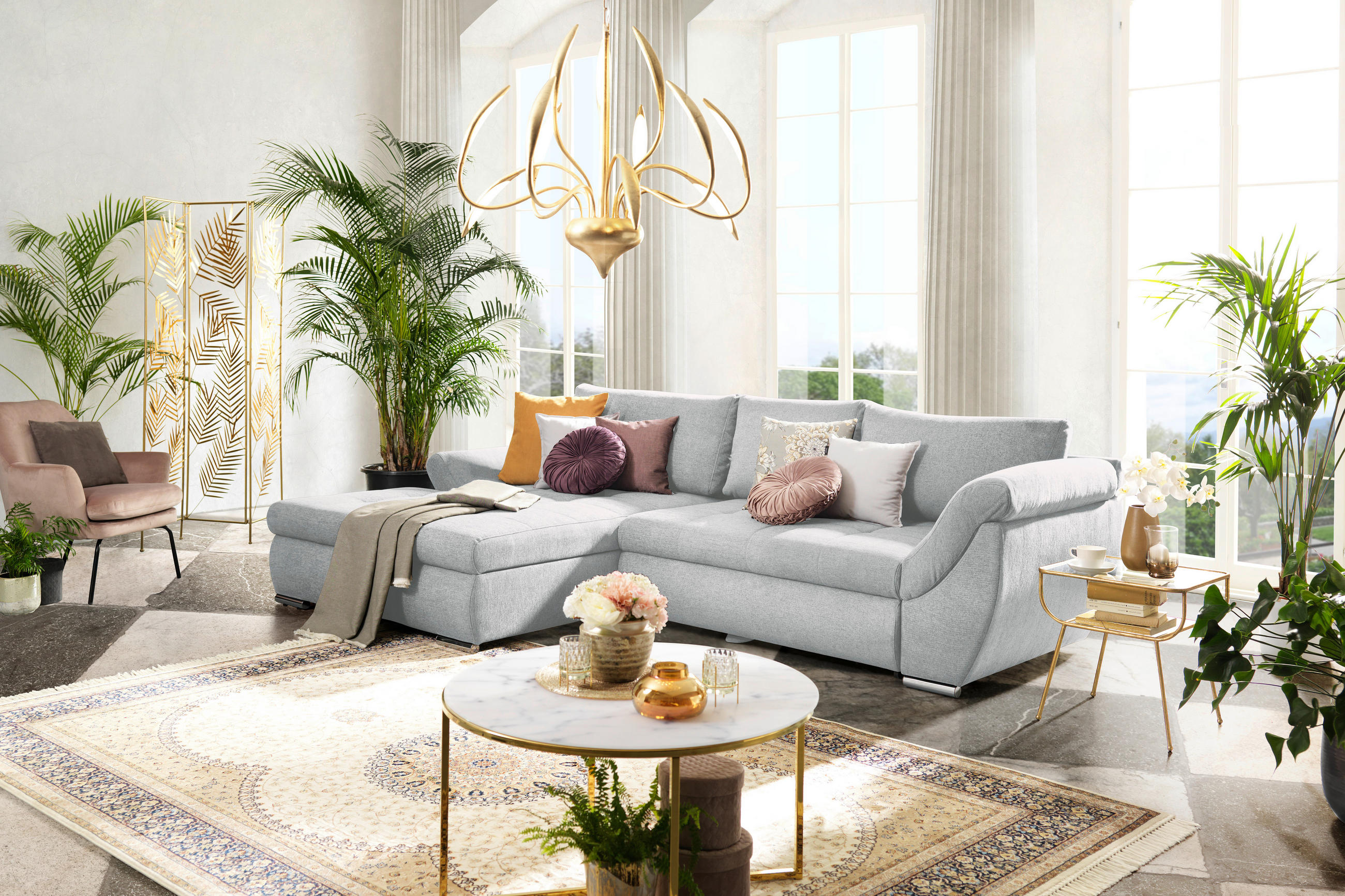 ECKSOFA in Flachgewebe Silberfarben  - Silberfarben, Design, Textil/Metall (174/306cm) - MID.YOU
