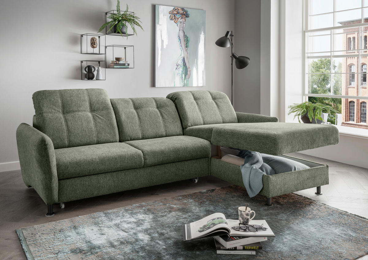 ECKSOFA in Chenille Grün  - Schwarz/Grün, Modern, Textil/Metall (267/184cm) - Livetastic