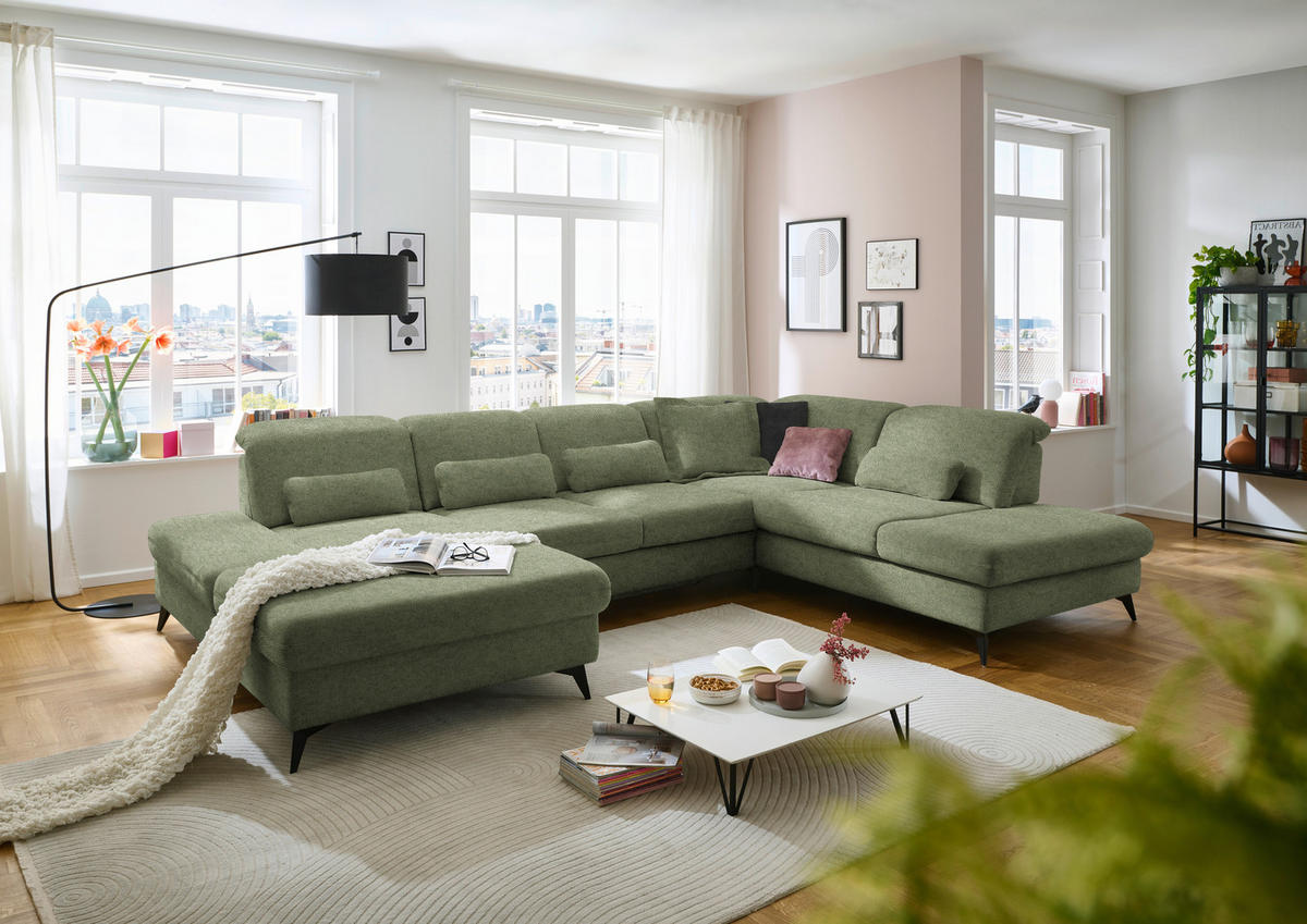 WOHNLANDSCHAFT  in Chenille Olivgrün  - Schwarz/Olivgrün, Design, Textil/Metall (198/364/255cm) - Beldomo Style