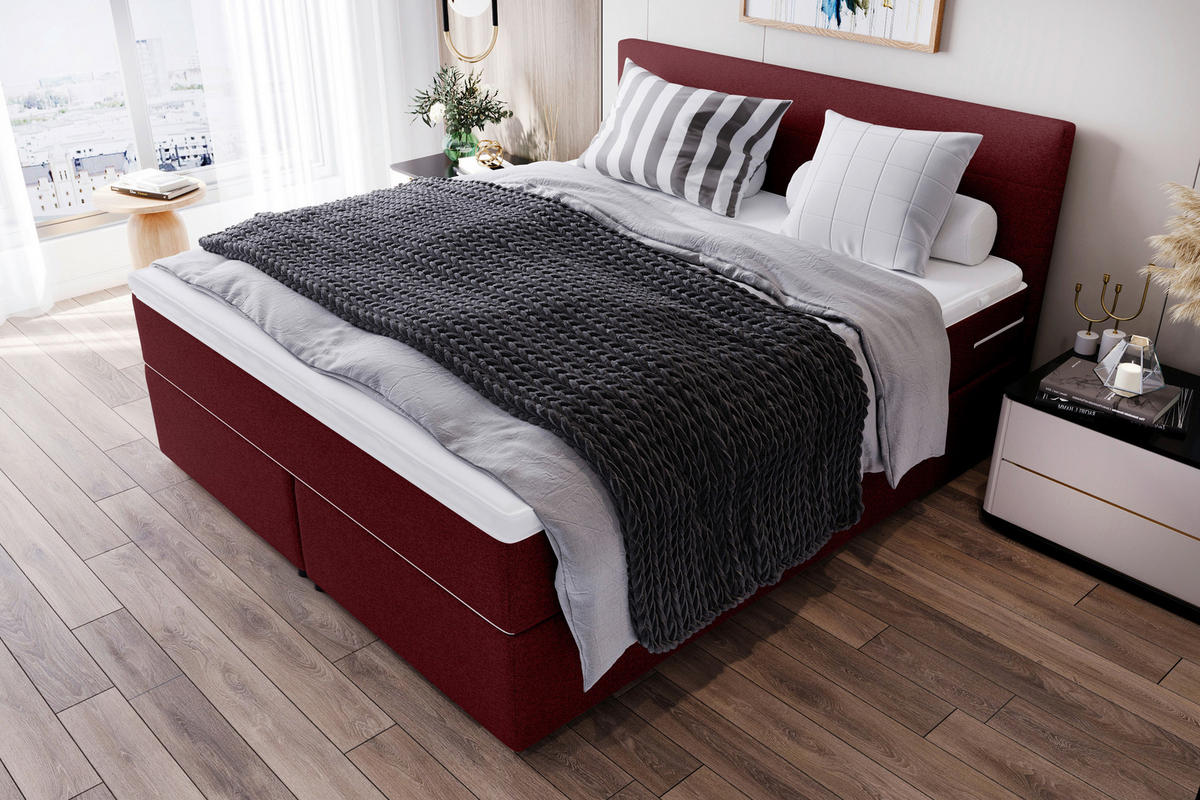 BOXSPRINGBETT 200/200 cm,  in Weinrot, Topper, Matratzen, H3 = fest  - Chromfarben/Weinrot, KONVENTIONELL, Kunststoff/Textil (200/200cm) - Boxxx