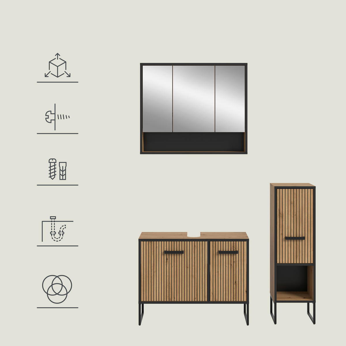 BADRUM 110 cm  - svart/ek Artisan, Trend, metall/trämaterial (110cm) - MID.YOU