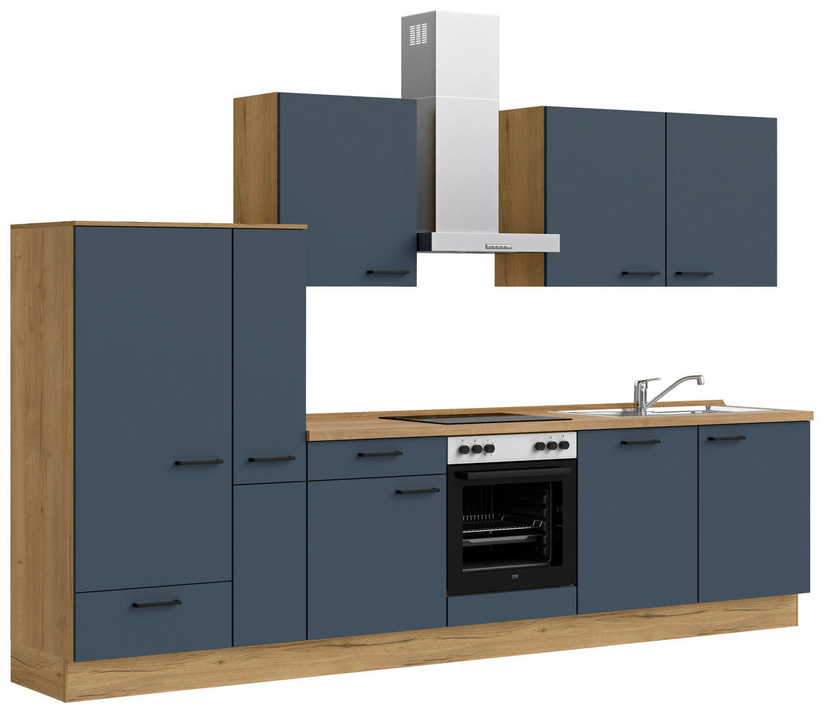 KÜCHENBLOCK 330 cm   in Eichefarben, Dunkelblau  - Eichefarben/Schwarz, MODERN, Holzwerkstoff/Metall (330cm) - Nobilia