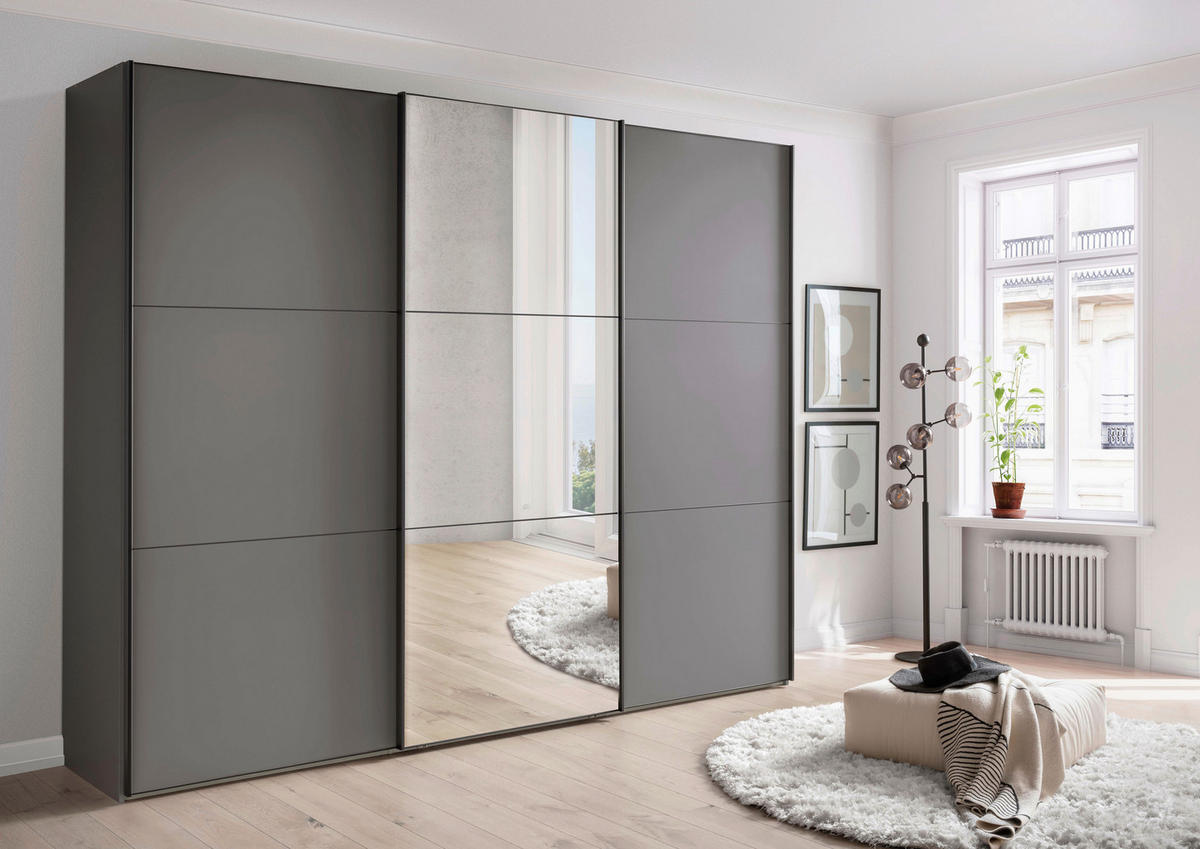 SCHWEBETÜRENSCHRANK 225/236/67 cm,  in Lavagrau, 3 Tür(en)  - Lavagrau/Schwarz, MODERN, Glas/Holzwerkstoff (225/236/67cm) - Chameo