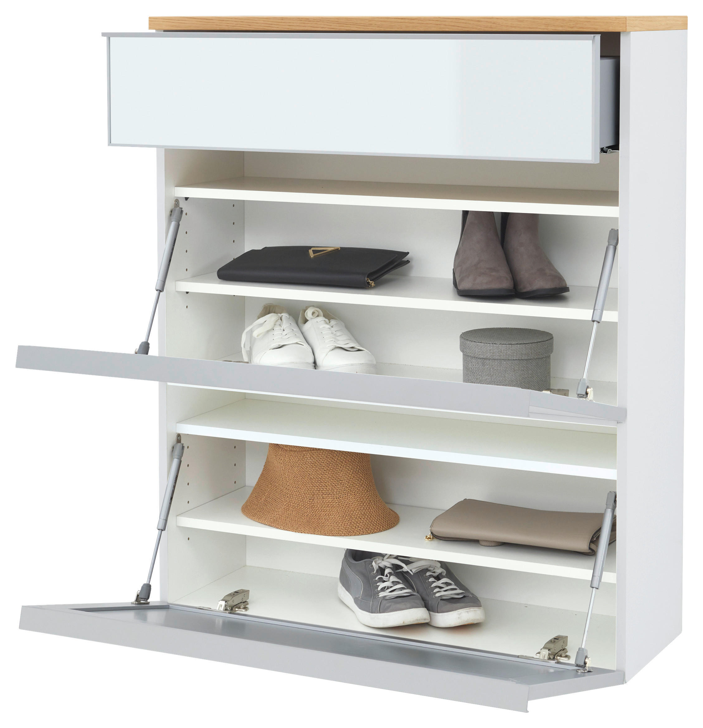 Thumbnail - Schuhkipper, Weiß, Eiche, Metall, Balkeneiche, furniert, 4 Fächer, 1 Schublade(n) Schubladen, 84x102x31 cm, Goldenes M, ...