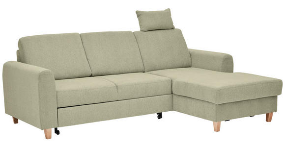 ECKSOFA Hellgrün Flachgewebe Bettkasten, Schlaffunktion, Rücken echt, Kopfstütze, Liegefläche im Originalstoff  - Buchefarben/Hellgrün, KONVENTIONELL, Holz/Textil (241/166cm) - Carryhome