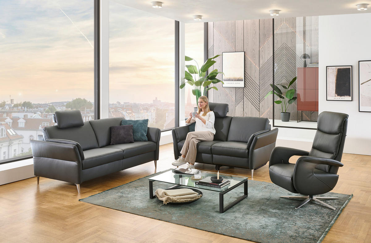 3-SITZER-SOFA Echtleder Anthrazit  - Anthrazit/Alufarben, Konventionell, Leder/Metall (190/84/99cm) - Dieter Knoll