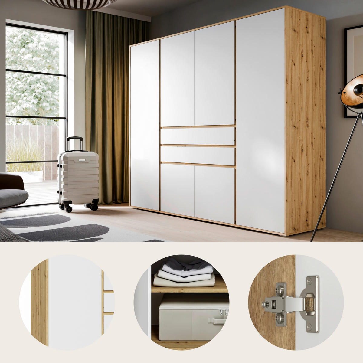 DREHTÜRENSCHRANK  in Weiß, Eiche Artisan  - Eiche Artisan/Weiß, MODERN, Holzwerkstoff (197/194/56cm) - MID.YOU