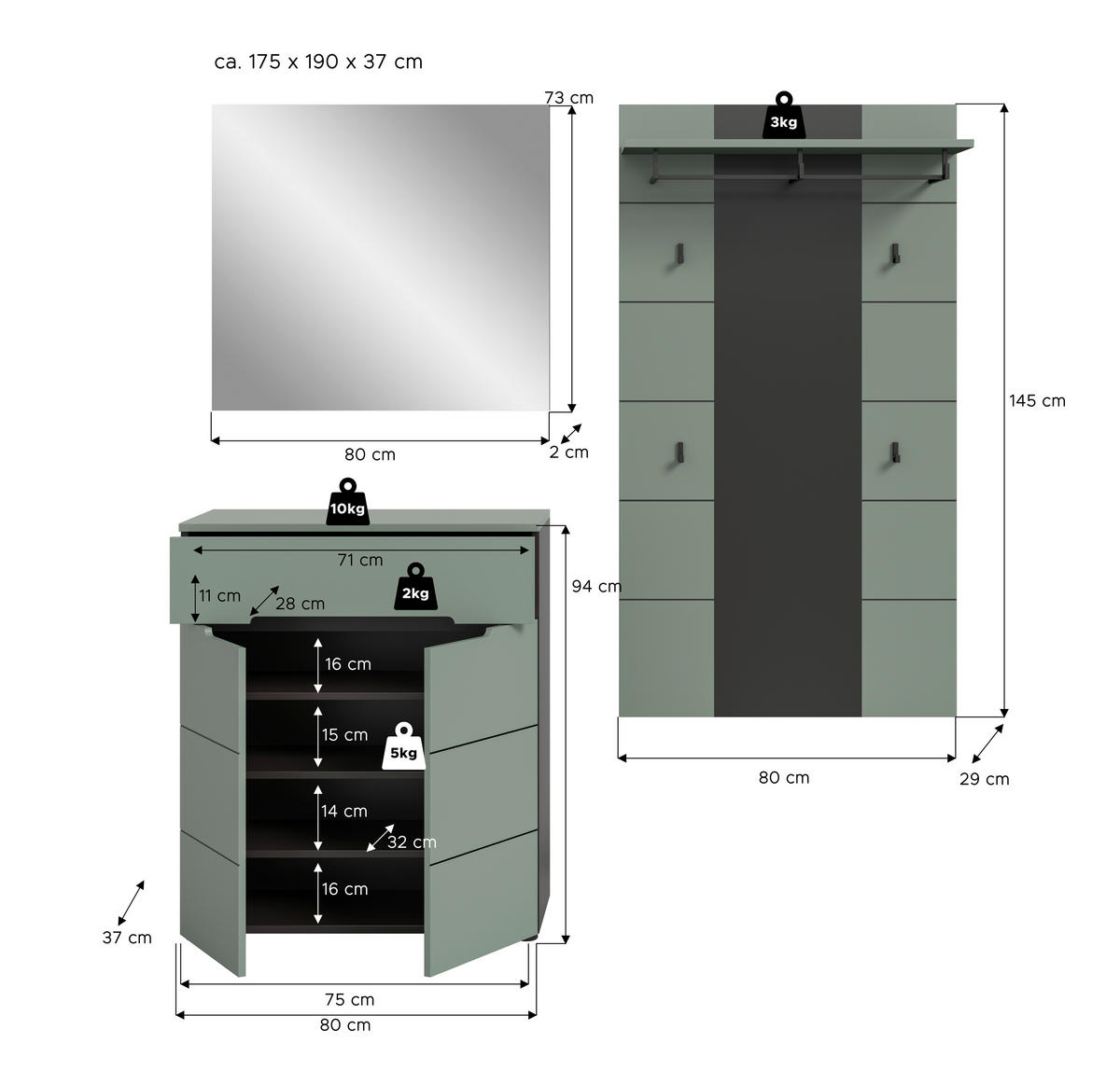GARDEROBE 3-teilig 175/190/37 cm  - Graugrün/Grau, Design, Holzwerkstoff (175/190/37cm) - Livetastic