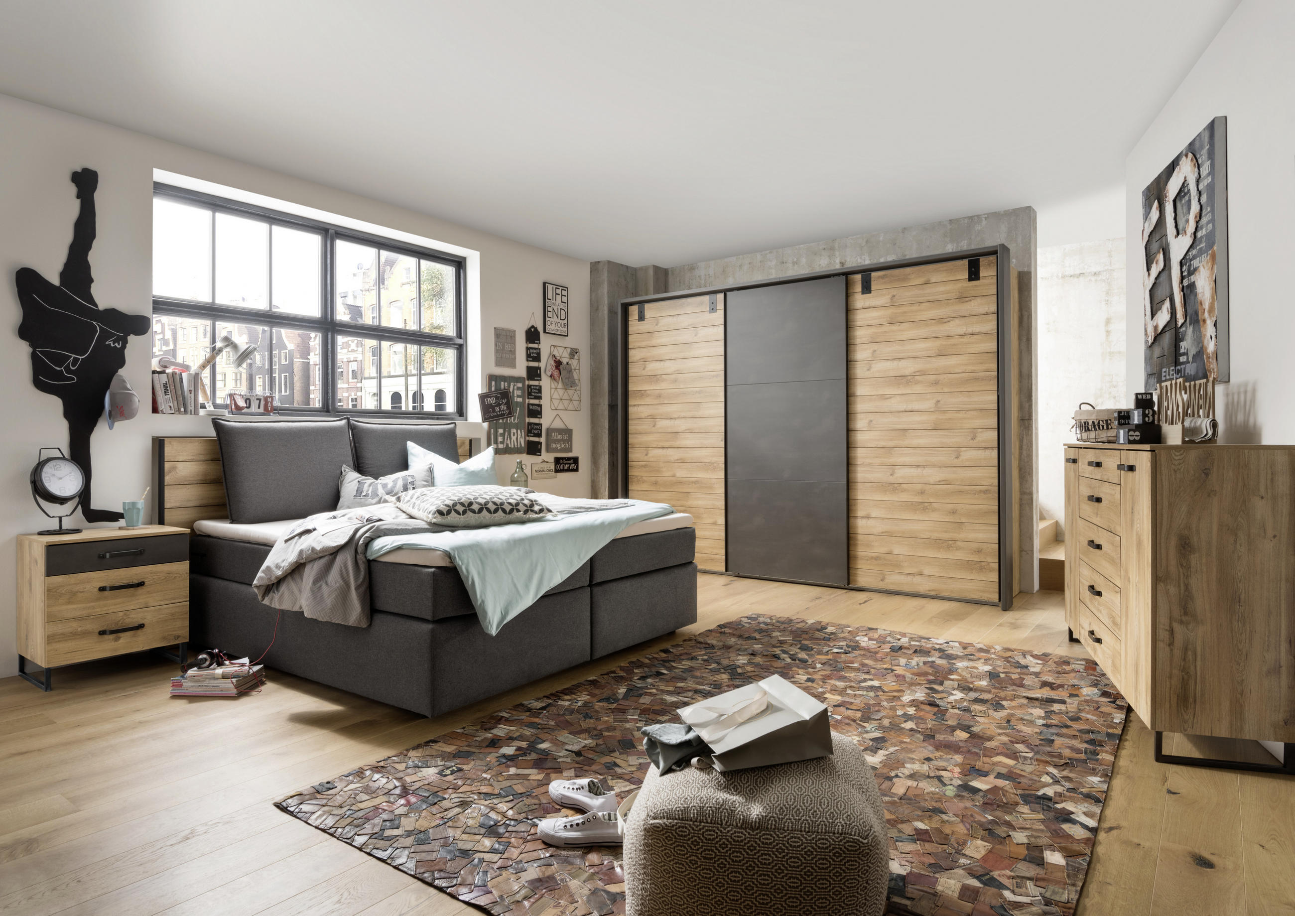 Thumbnail - Mid.you Nachtschrank Wimex Detroit, Graphit, Eiche, Metall, 3 Schubladen, 53x70x40 cm, BQ - Bündnis für Qualität, Made i...