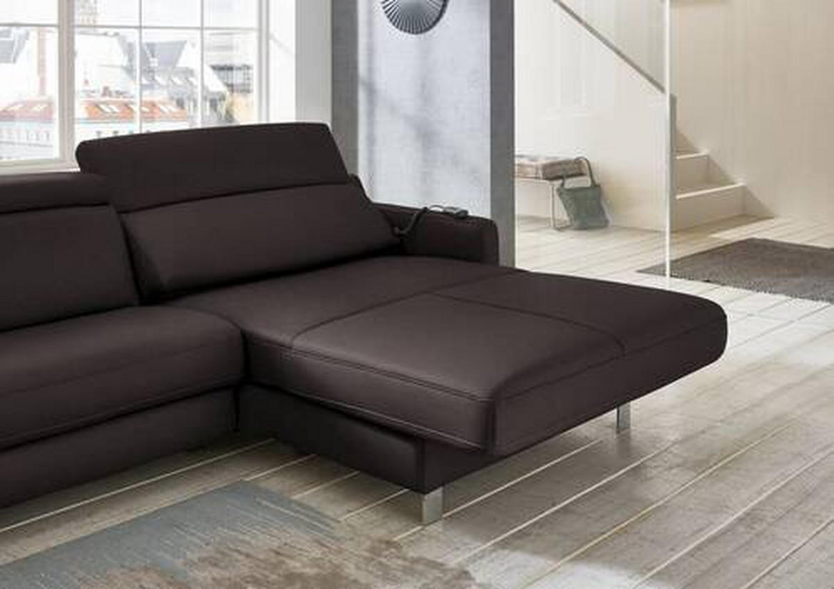 ECKSOFA in Echtleder Mokka  - Chromfarben/Mokka, Design, Leder/Metall (291/176cm) - Valdera