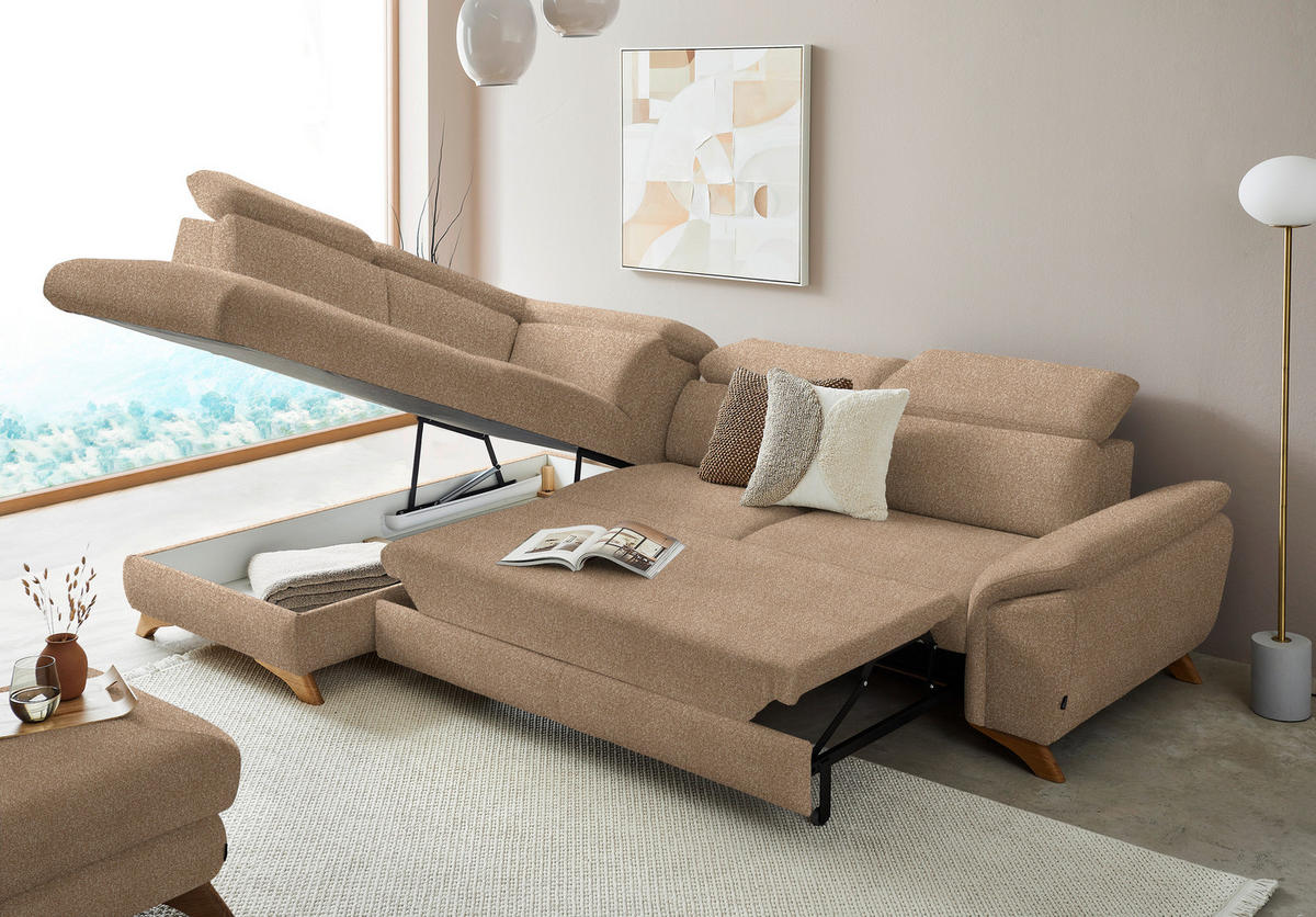 ECKSOFA in Bouclé Hellbraun  - Hellbraun/Eichefarben, Modern, Holz/Textil (212/287cm) - Valnatura