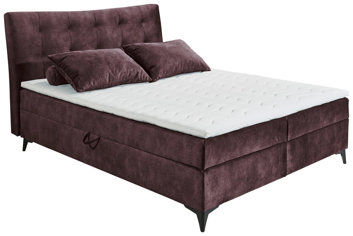 BOXBETT 180/200 cm,  in Aubergine, gepolstertes Kopfteil, Bettkasten, Topper,  - Aubergine/Schwarz, MODERN, Holzwerkstoff/Kunststoff (180/200cm) - MID.YOU