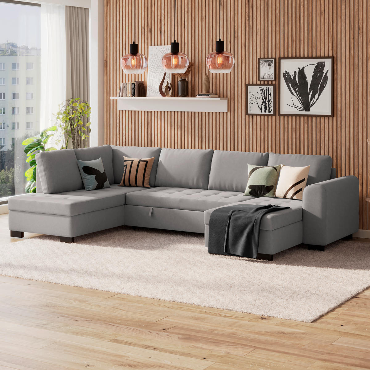 WOHNLANDSCHAFT Grau Mikrofaser  - Schwarz/Grau, MODERN, Kunststoff/Textil (178/305/155cm) - P & B