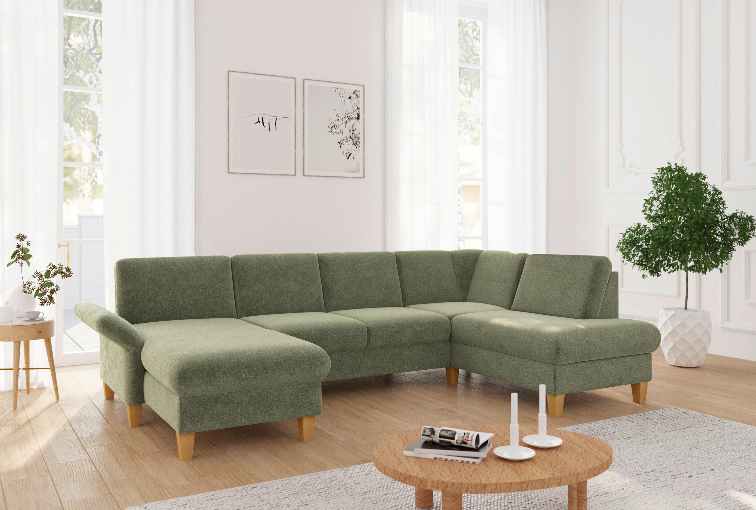 WOHNLANDSCHAFT Hellgrün Flachgewebe  - Eichefarben/Hellgrün, KONVENTIONELL, Holz/Textil (164/314/195cm) - Sit & More
